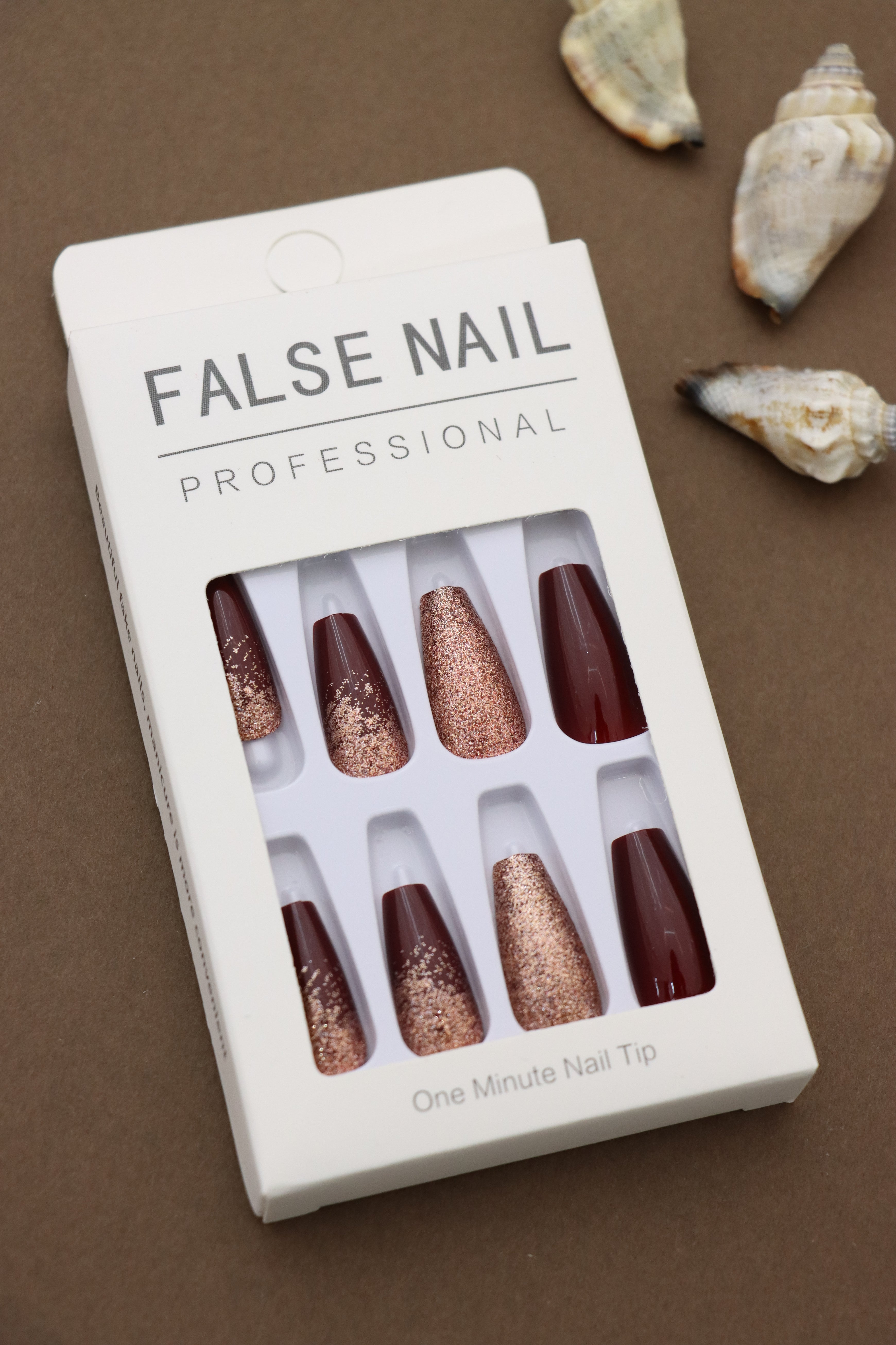 Professional Burgundy Press-On Nails with Glittery Rose Gold Accent Design - 24pcs Set