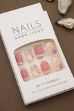 Peachy Pink Press-On Nails – Floral and Golden Leaf Accents for an Elegant Look