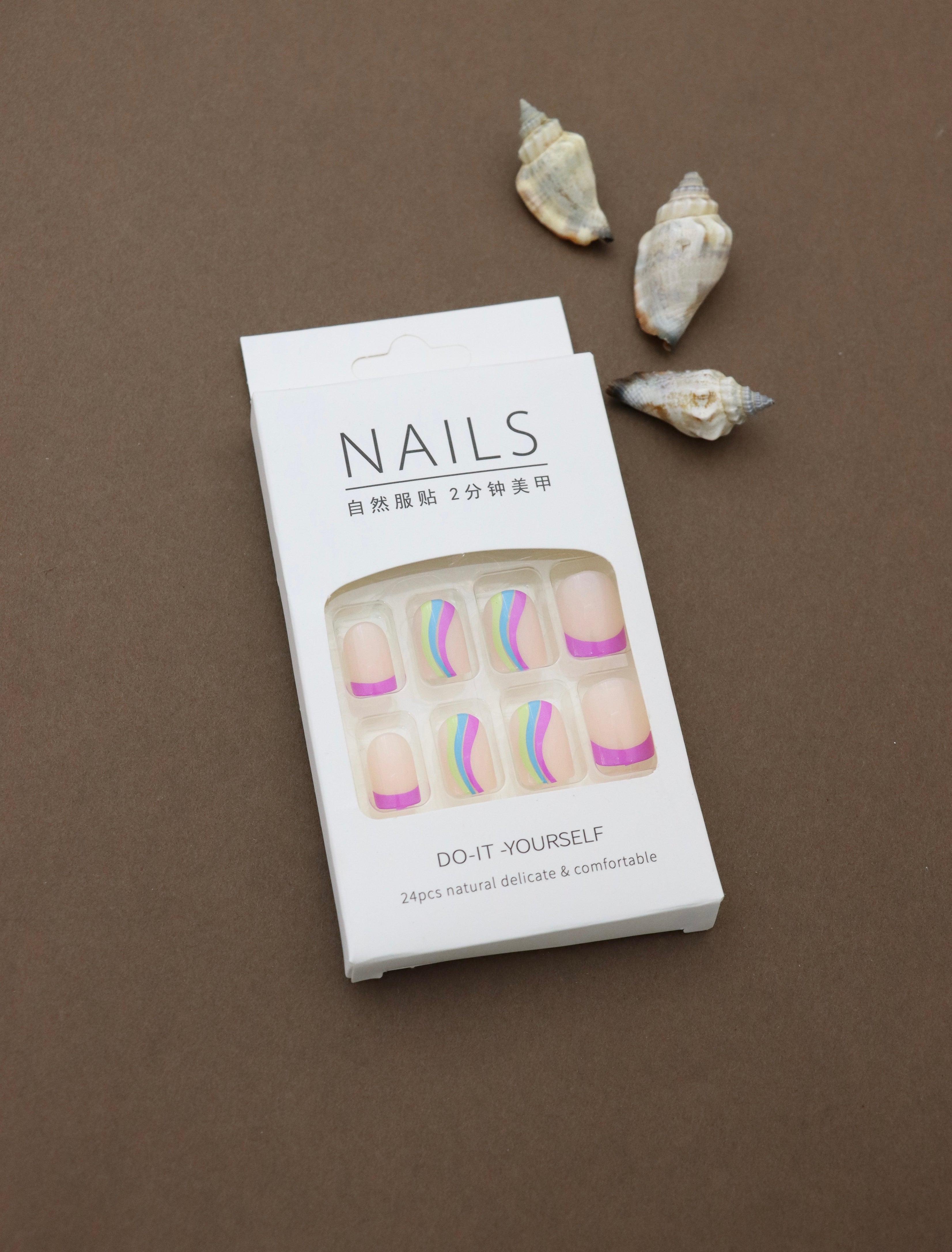 Playful Nude Press-On Nails with Vibrant Multicolor Swirls and Pink Tips - 24pcs Set
