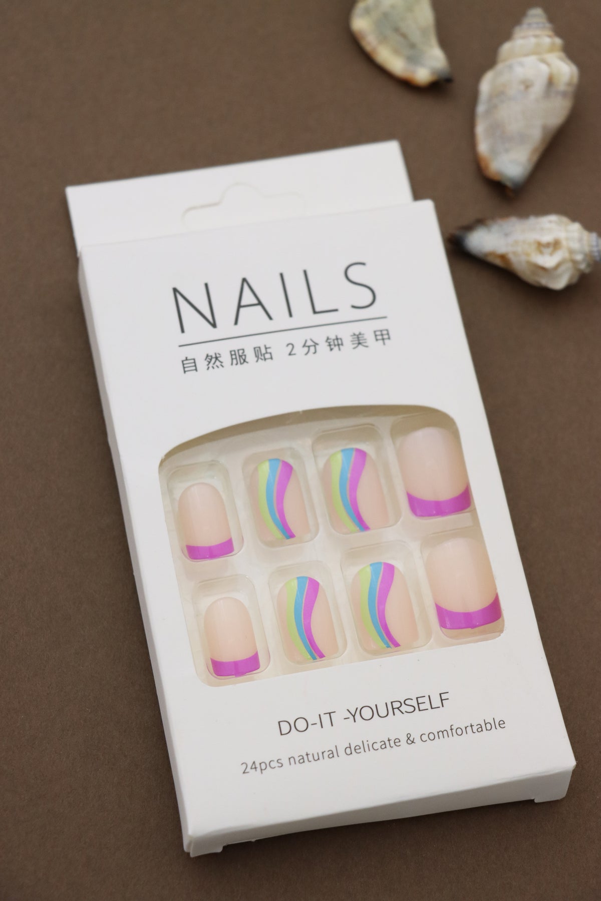 Playful Nude Press-On Nails with Vibrant Multicolor Swirls and Pink Tips - 24pcs Set