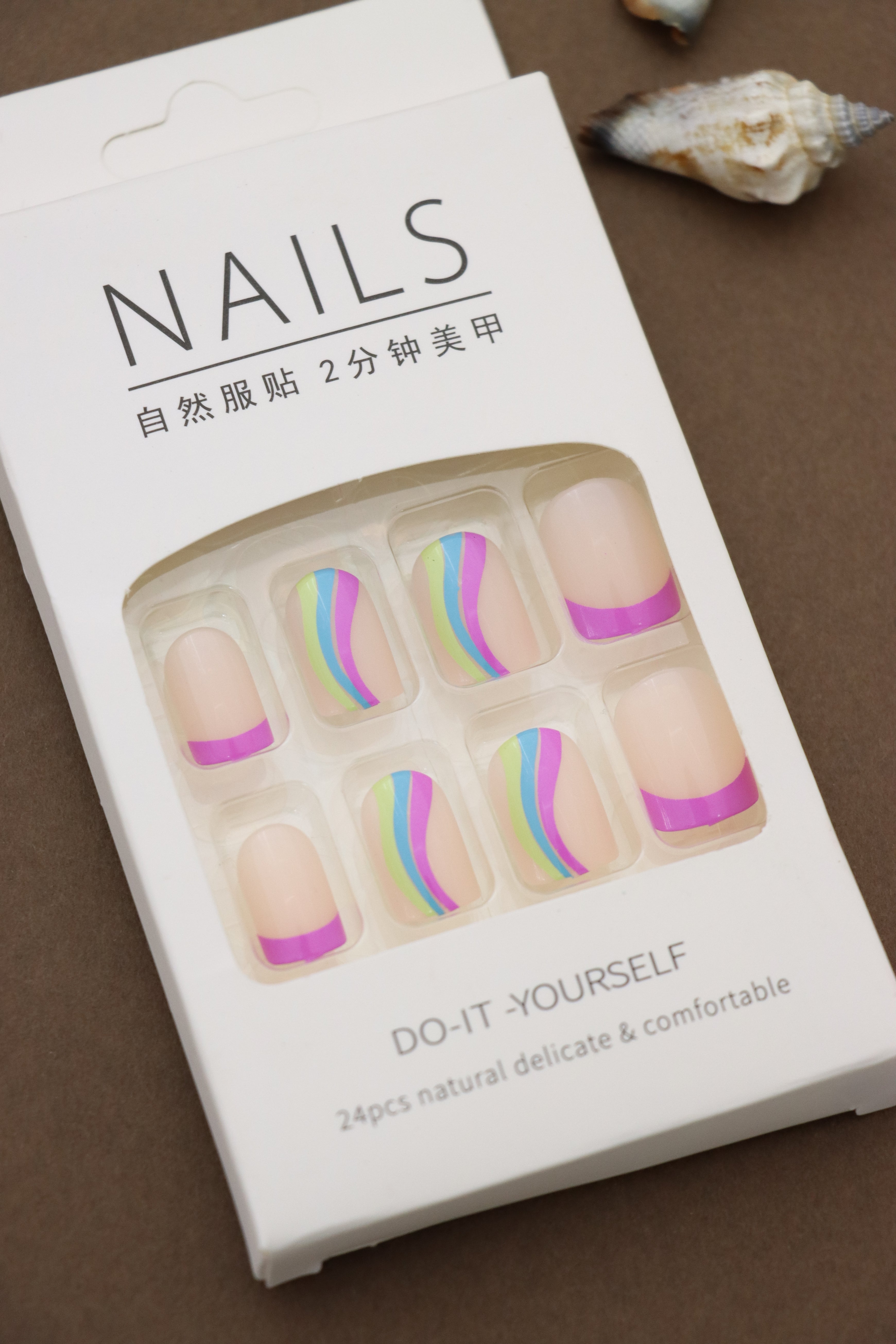 Playful Nude Press-On Nails with Vibrant Multicolor Swirls and Pink Tips - 24pcs Set