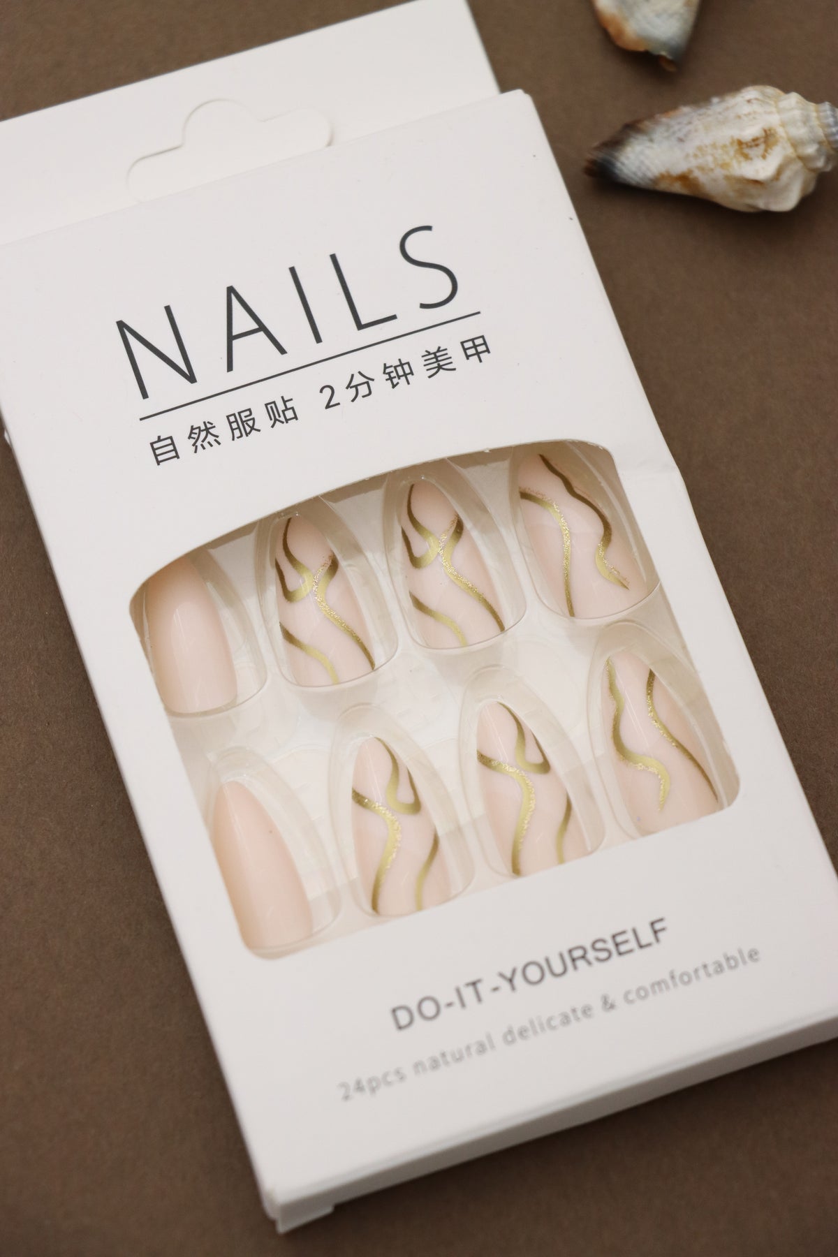 Sophisticated Nude Almond Press-On Nails with Gold Wavy Accent Design - 24pcs Set