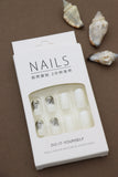 Elegant White Press-On Nails with Grey Floral and Gold Glitter Accents - 24pcs Natural and Comfortable Nail Set