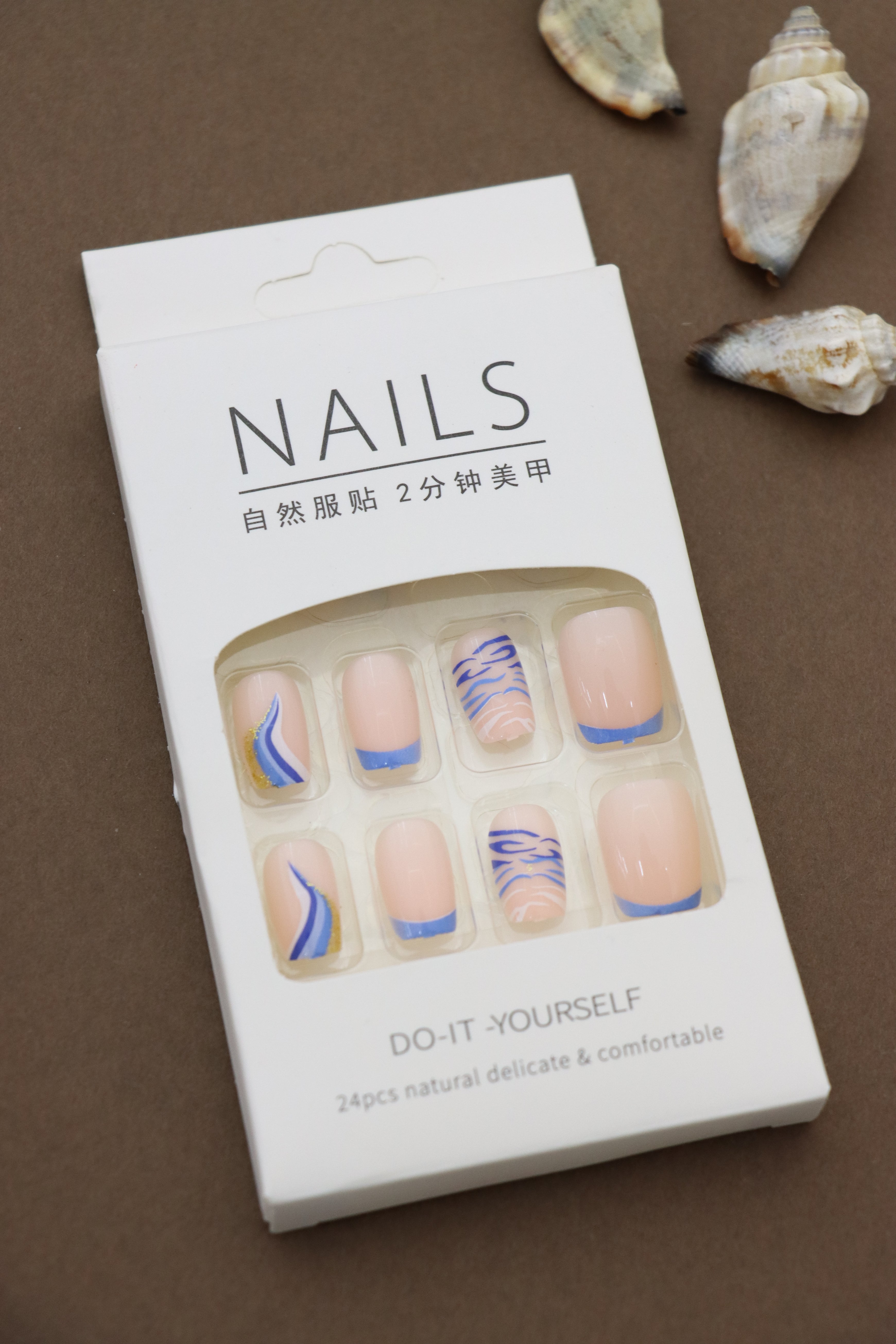 Elegant Blue Wave Press-On Nails - 24pcs Artistic Nail Design with Gold Accents