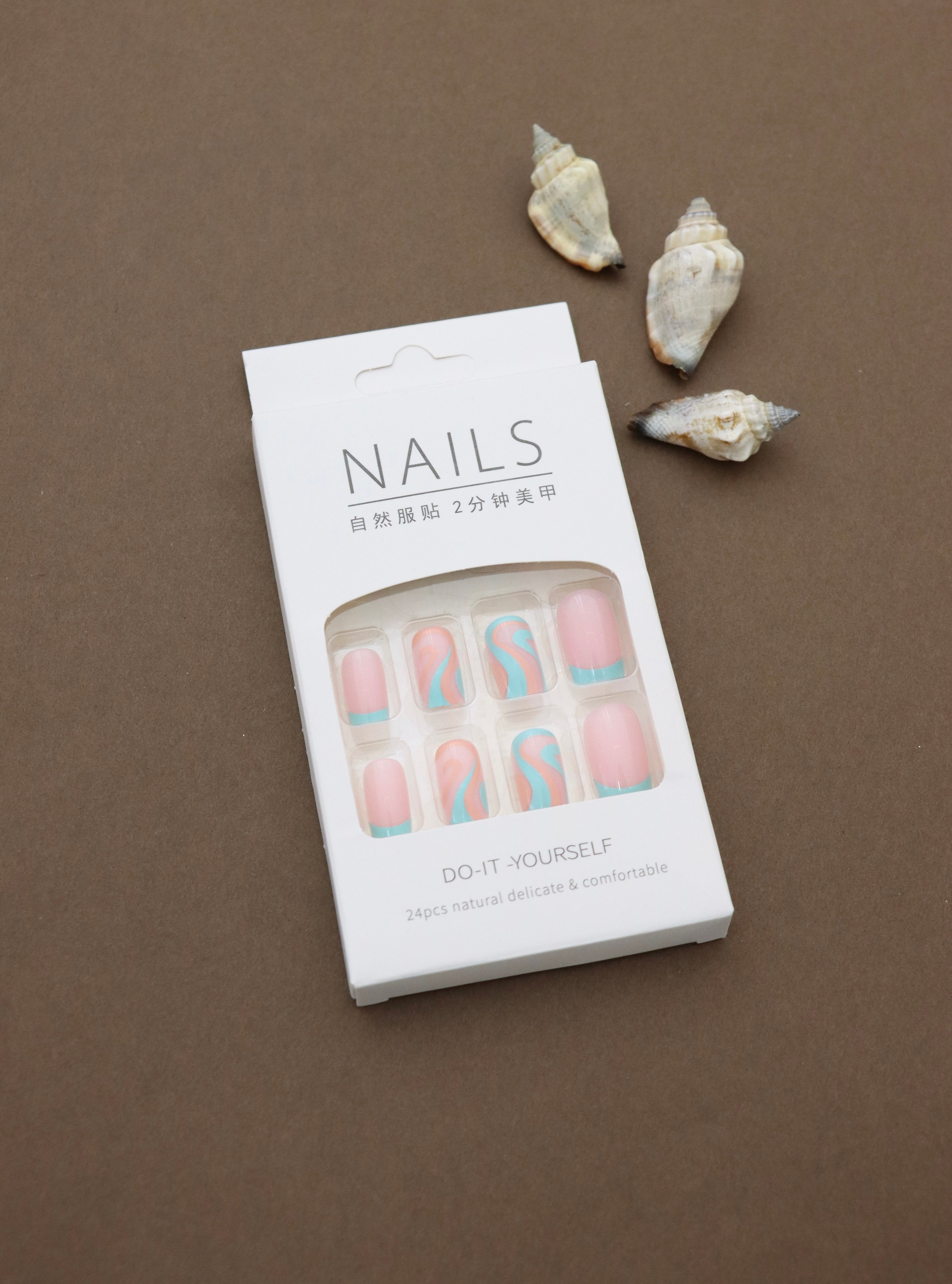 Playful Pink and Nude Press-On Nails with Aqua and Peach Wave Design - 24pcs Set