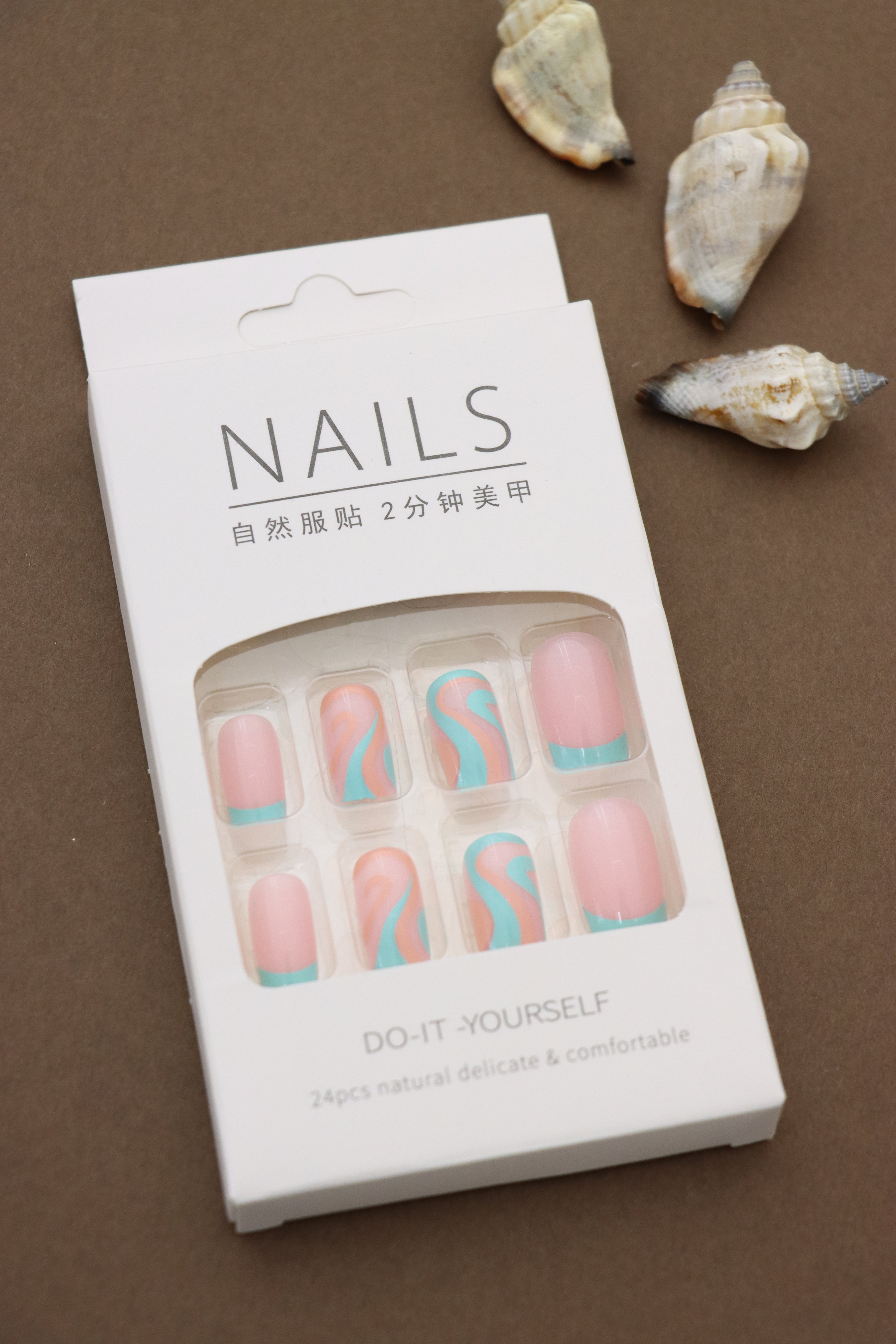 Playful Pink and Nude Press-On Nails with Aqua and Peach Wave Design - 24pcs Set