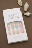 Playful Pink and Nude Press-On Nails with Aqua and Peach Wave Design - 24pcs Set