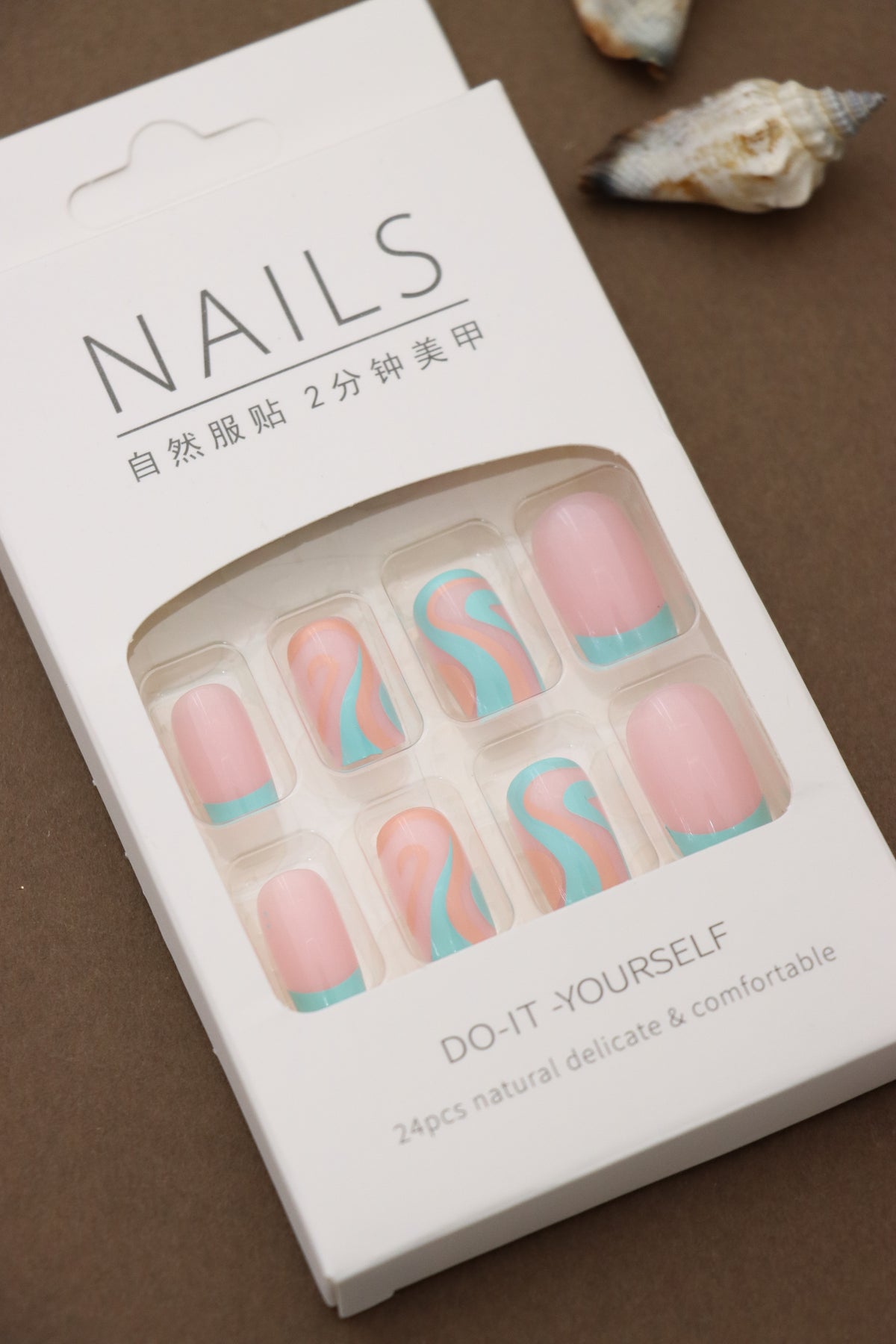 Playful Pink and Nude Press-On Nails with Aqua and Peach Wave Design - 24pcs Set
