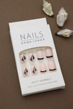 Pink Press-On Nails with Black Floral and Line Design - Chic and Sophisticated Look