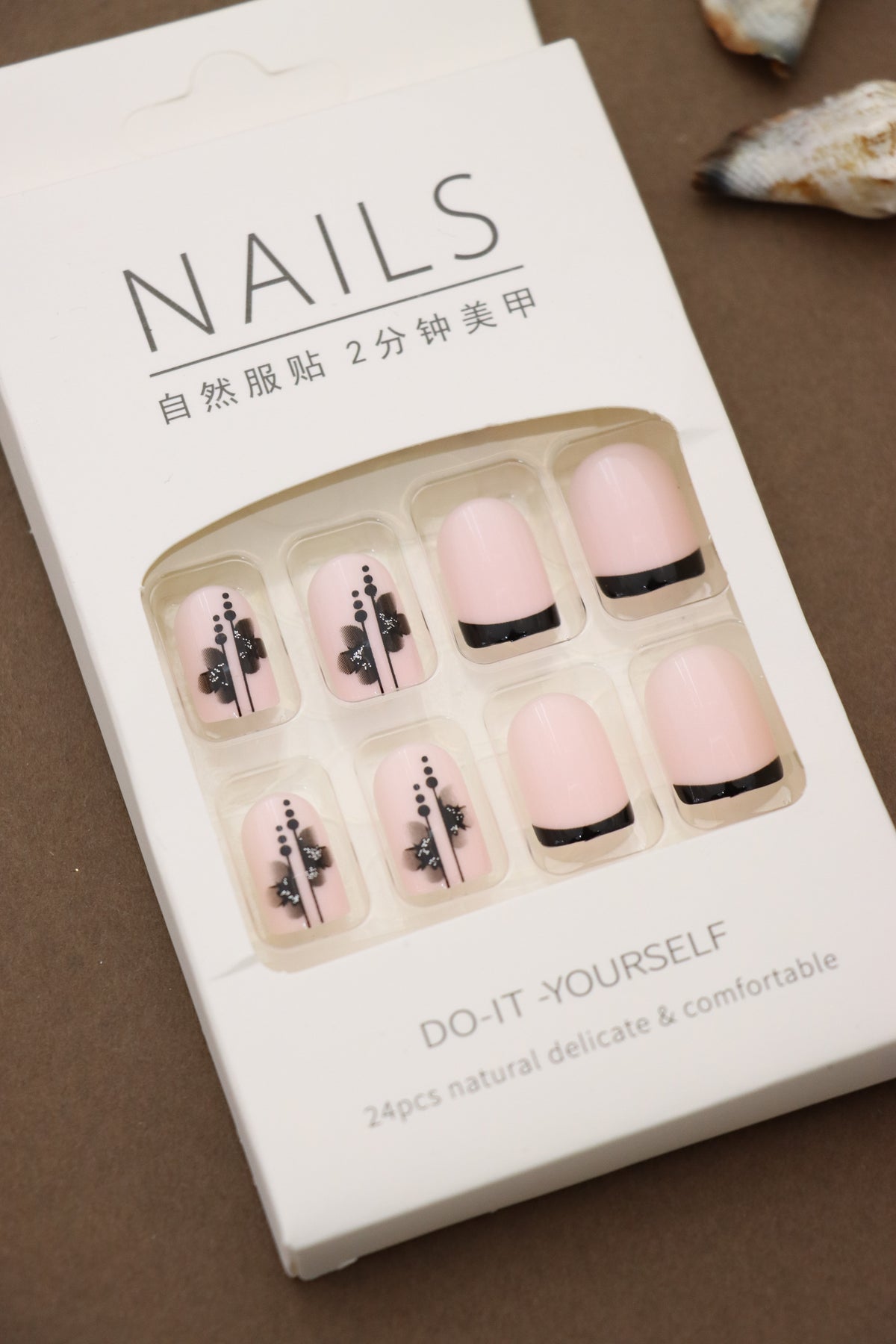 Pink Press-On Nails with Black Floral and Line Design - Chic and Sophisticated Look