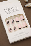 Pink Press-On Nails with Black Floral and Line Design - Chic and Sophisticated Look