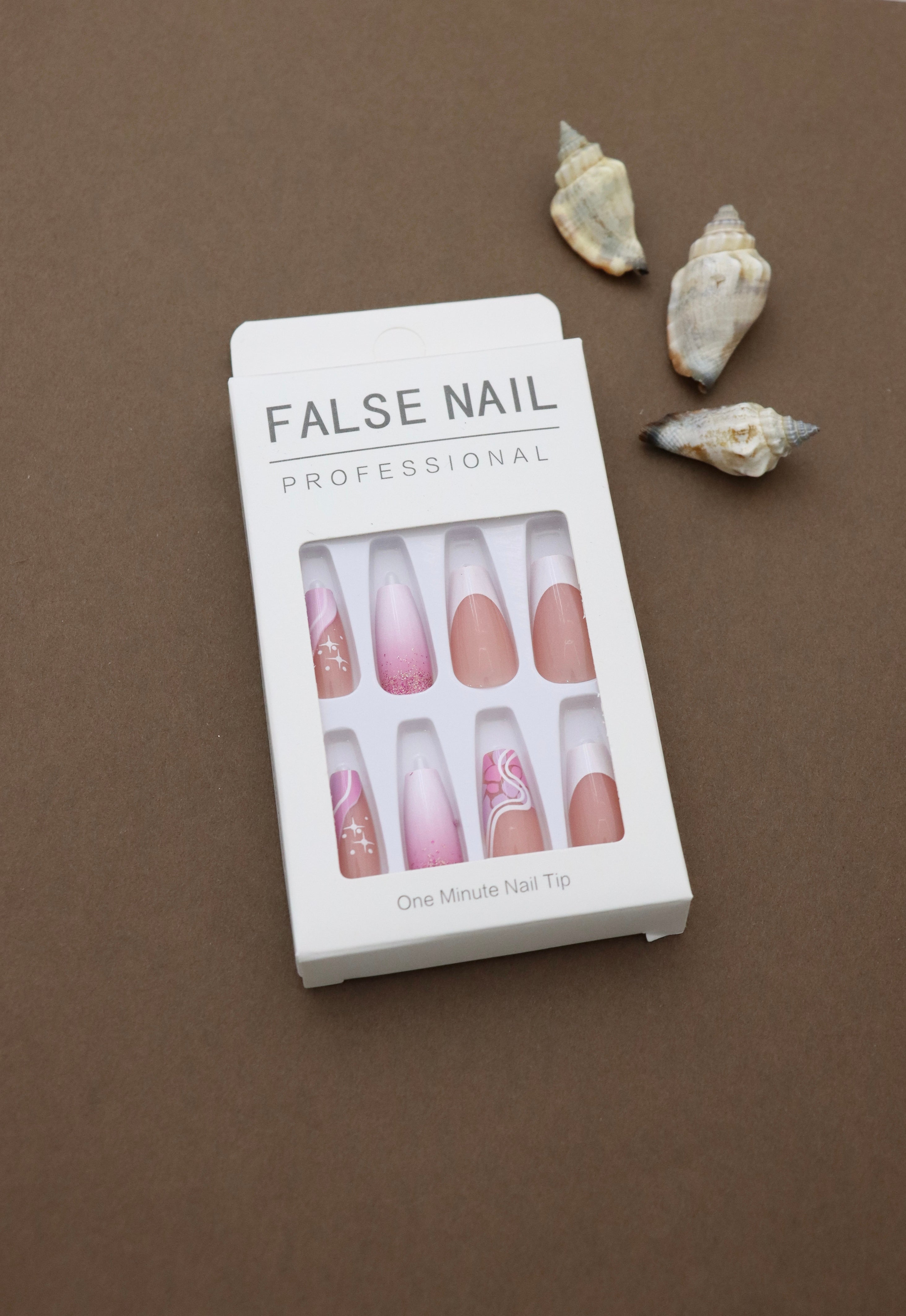 Professional Pink Ombre and Nude Press-On Nails with Glitter, Abstract, and French Tip Designs - 24pcs Set