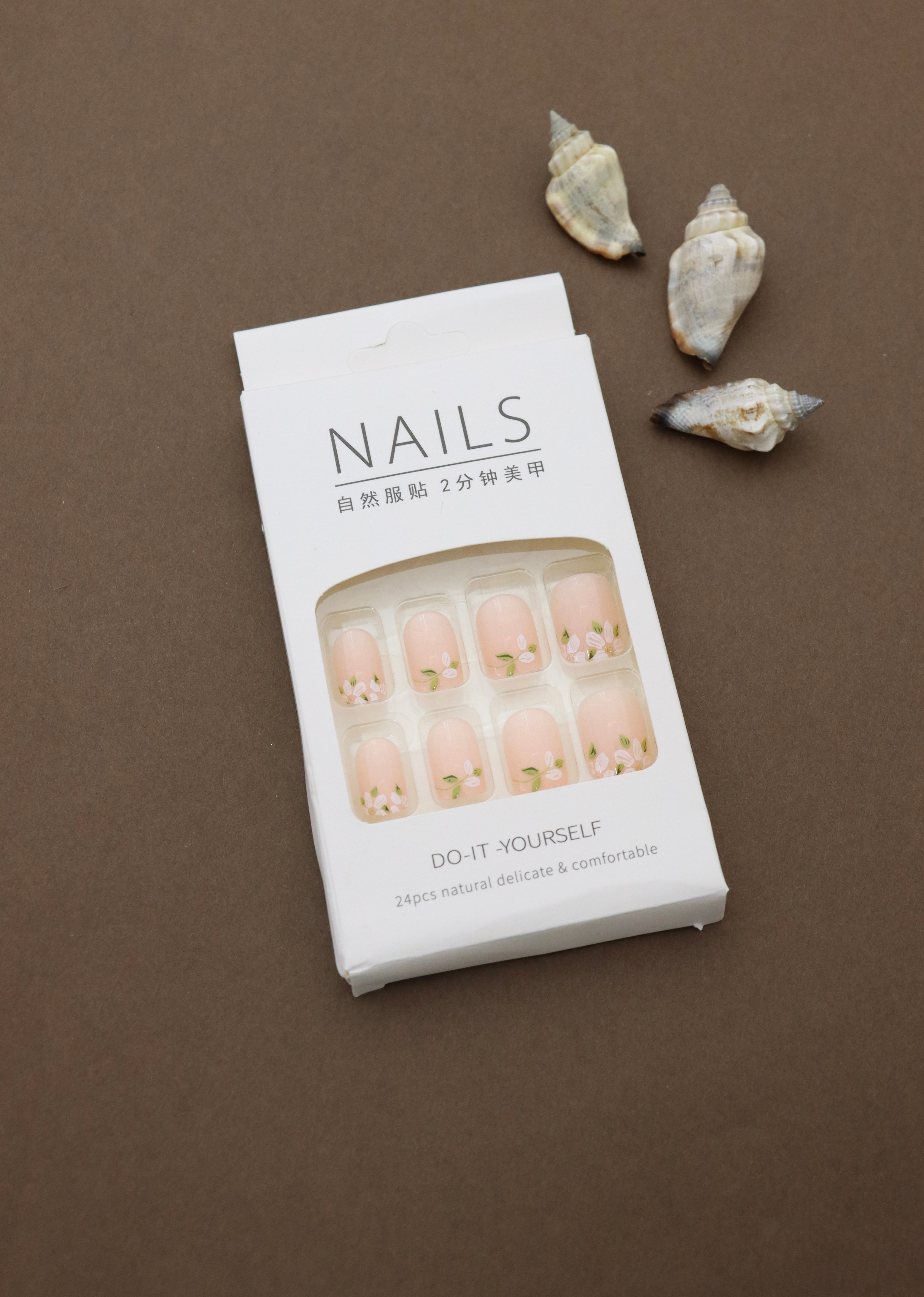 Peach Nude & Floral Press-On Nails – Elegant Blossom Design, 24pcs DIY Set