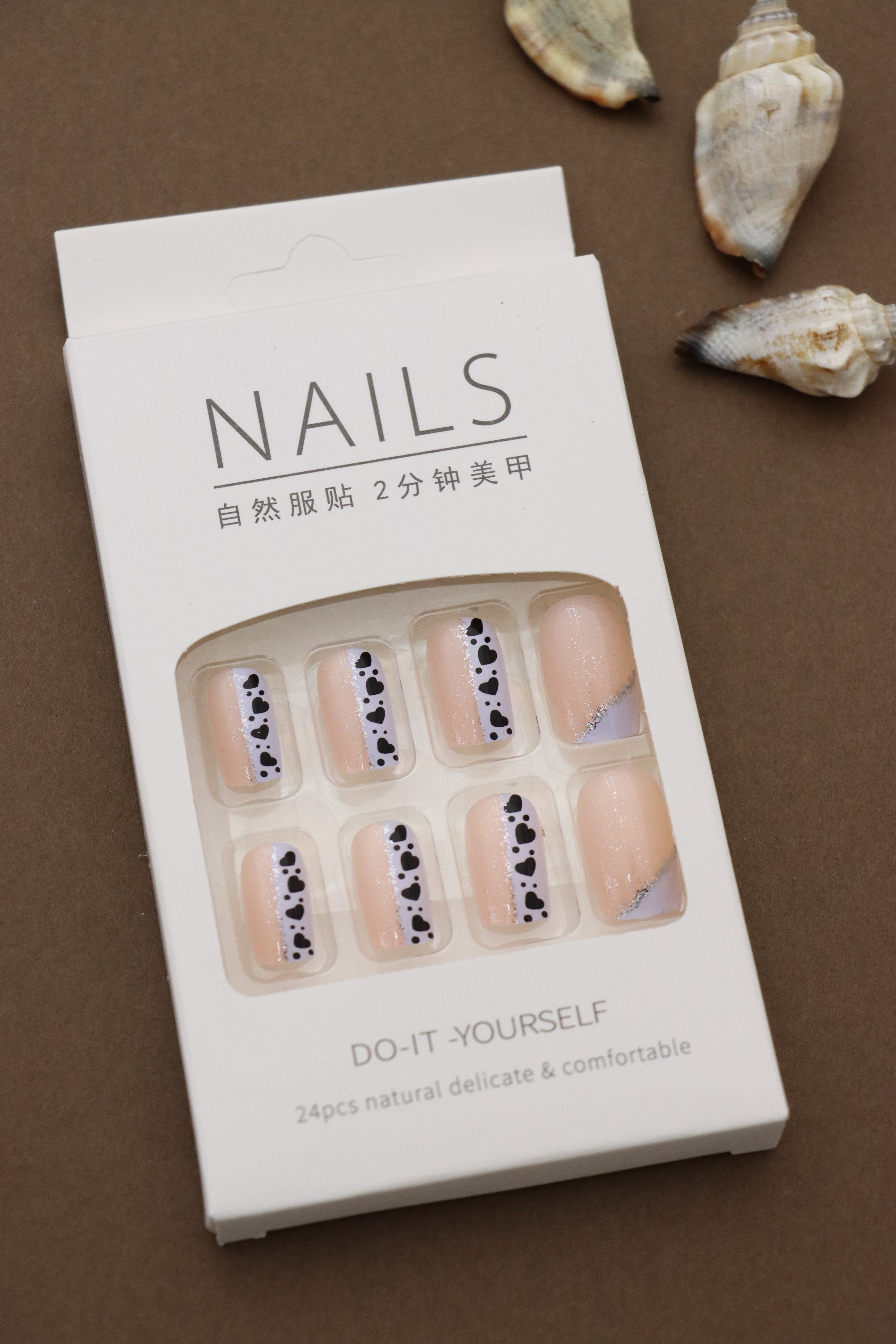 Chic Nude Press-On Nails with Black Heart and Glitter Striped Design - 24pcs Natural Delicate Nail Set