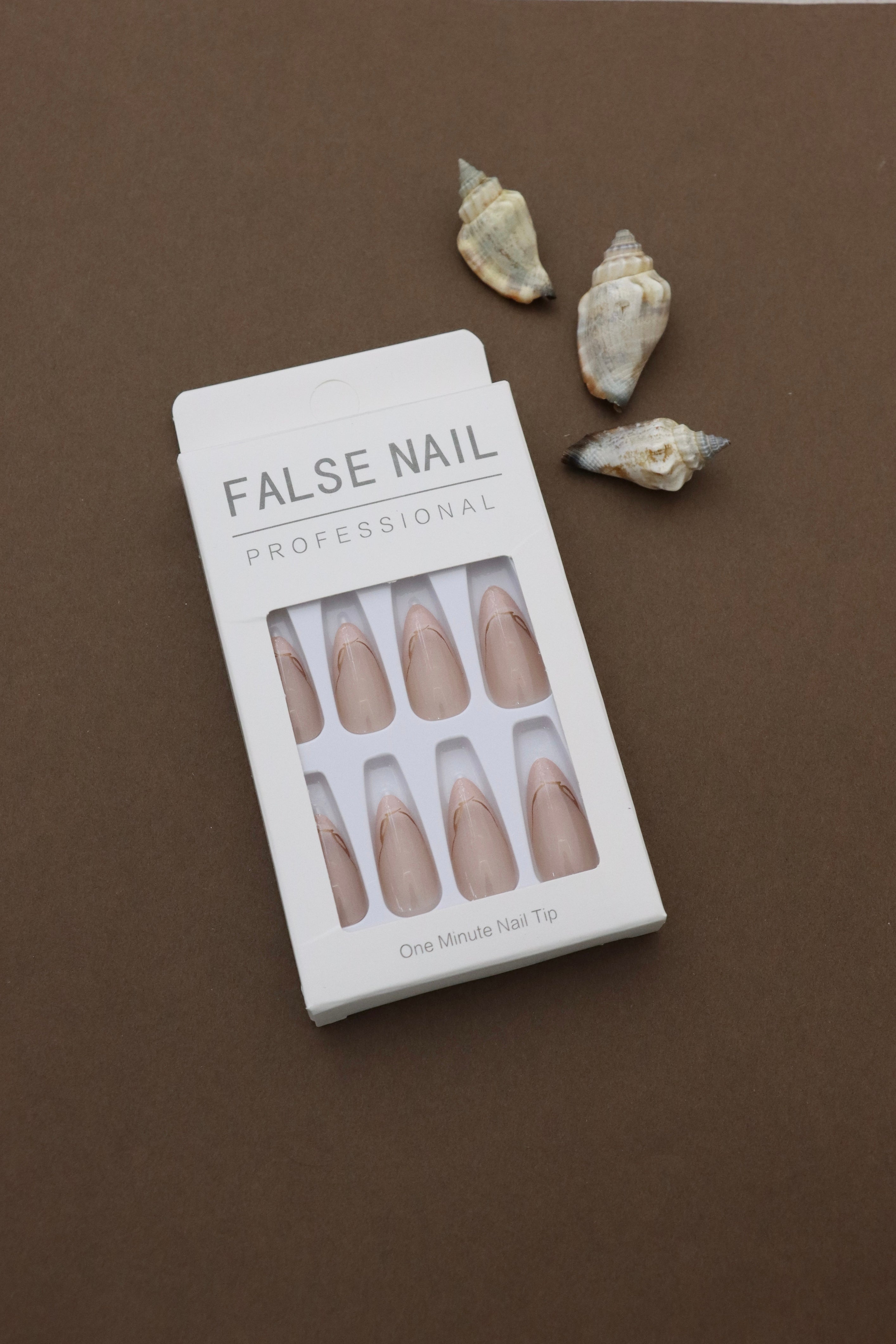 Nude Pink Almond Press-On Nails with Subtle Gold Accent – Elegant Charm