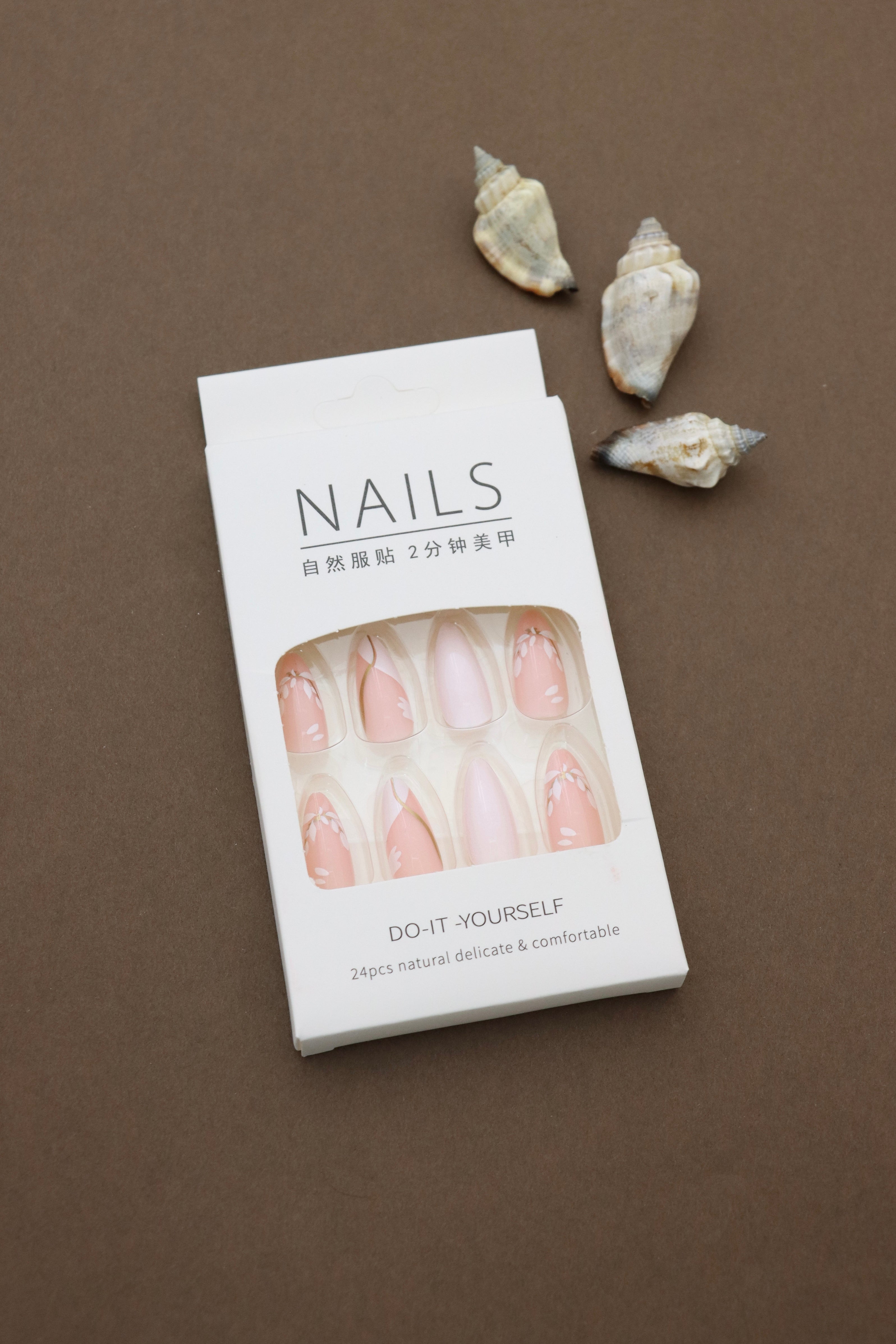 Peachy Pink Press-On Nails with Delicate Floral Accents - 24pcs Natural Delicate & Comfortable