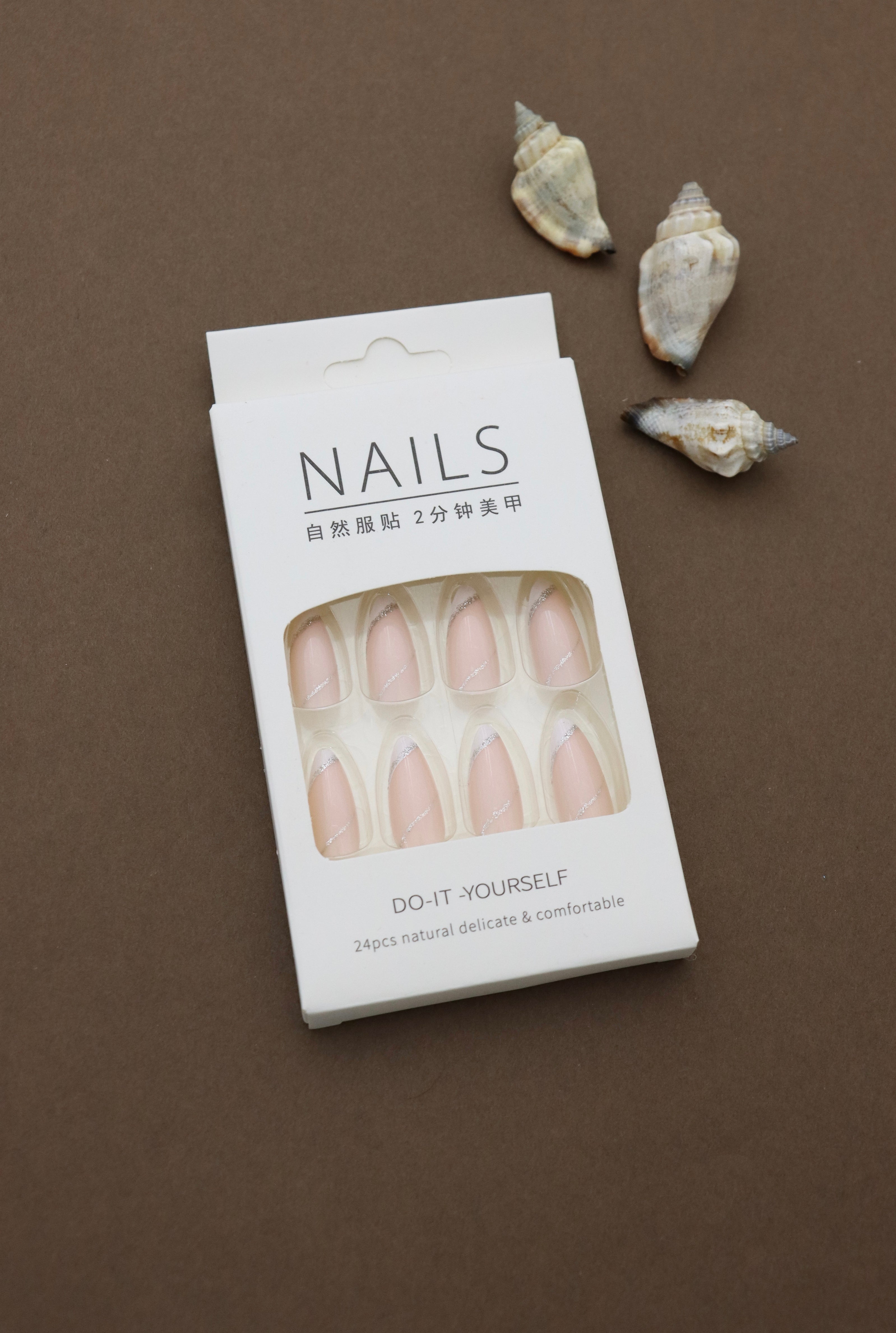 Elegant Nude Almond Press-On Nails with Silver Glitter Swirl Accent - 24pcs Set
