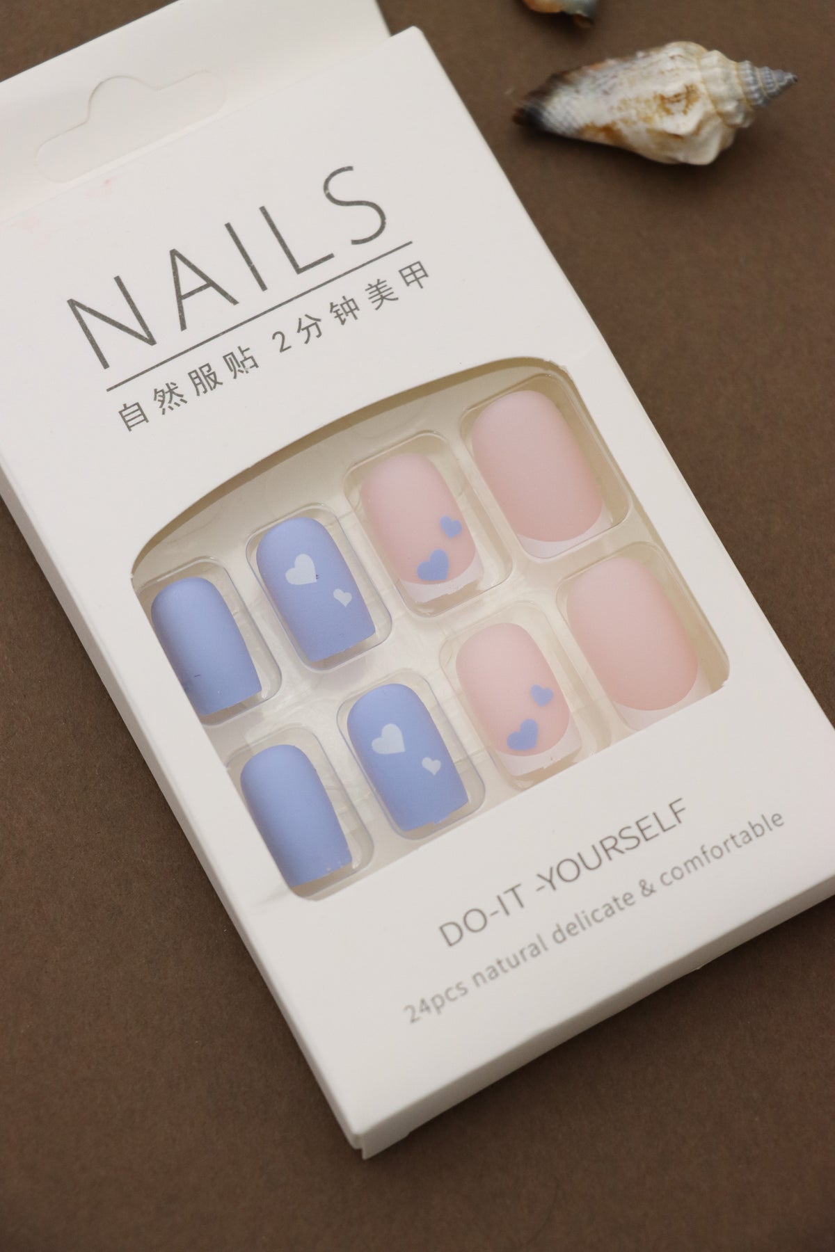 Matte Pink and Blue Press-On Nails with Heart Designs - Sweet and Playful Style