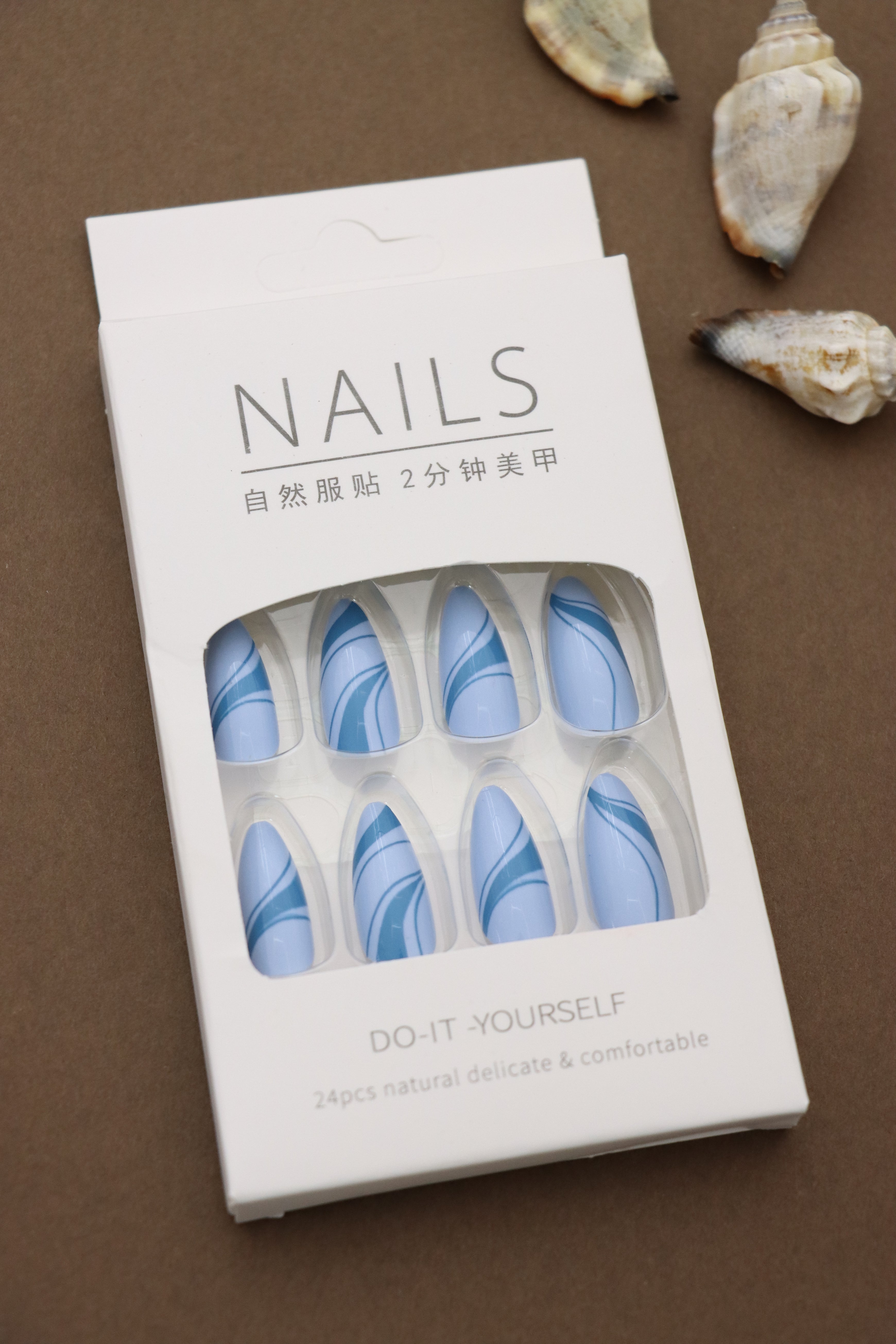 Sky Blue Swirl Press-On Nails – Elegant Wave Design, 24pcs DIY Set