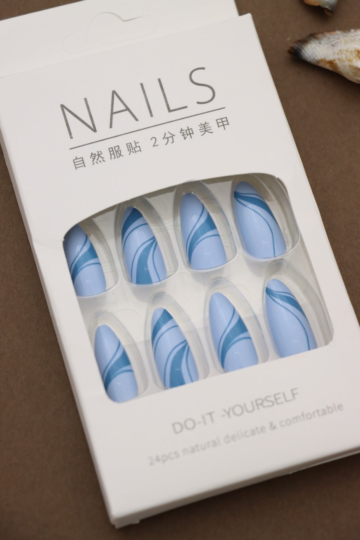 Sky Blue Swirl Press-On Nails – Elegant Wave Design, 24pcs DIY Set