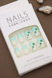 Mint Gradient Press-On Nails with Elegant Green Vine Accent Design - 24pcs Set