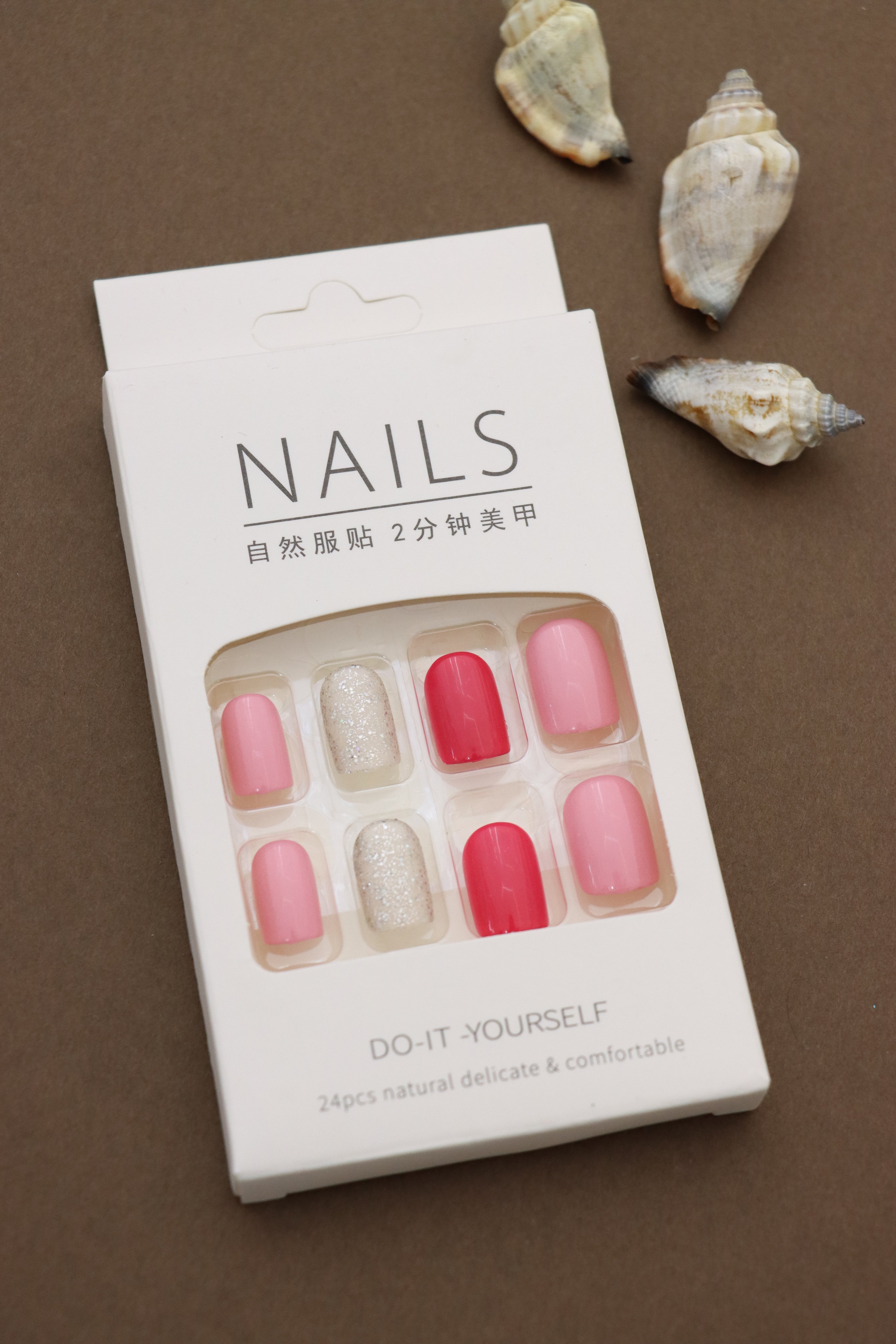 Romantic Pink and Red Press-On Nails with Glitter Accent - 24pcs Set