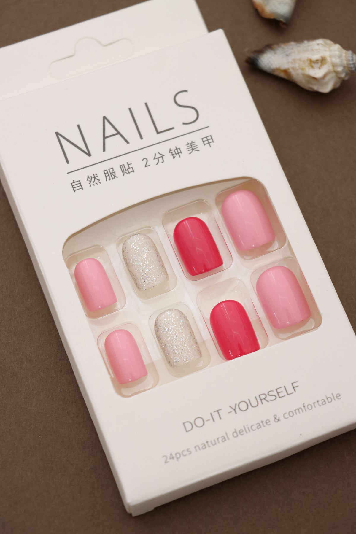 Romantic Pink and Red Press-On Nails with Glitter Accent - 24pcs Set