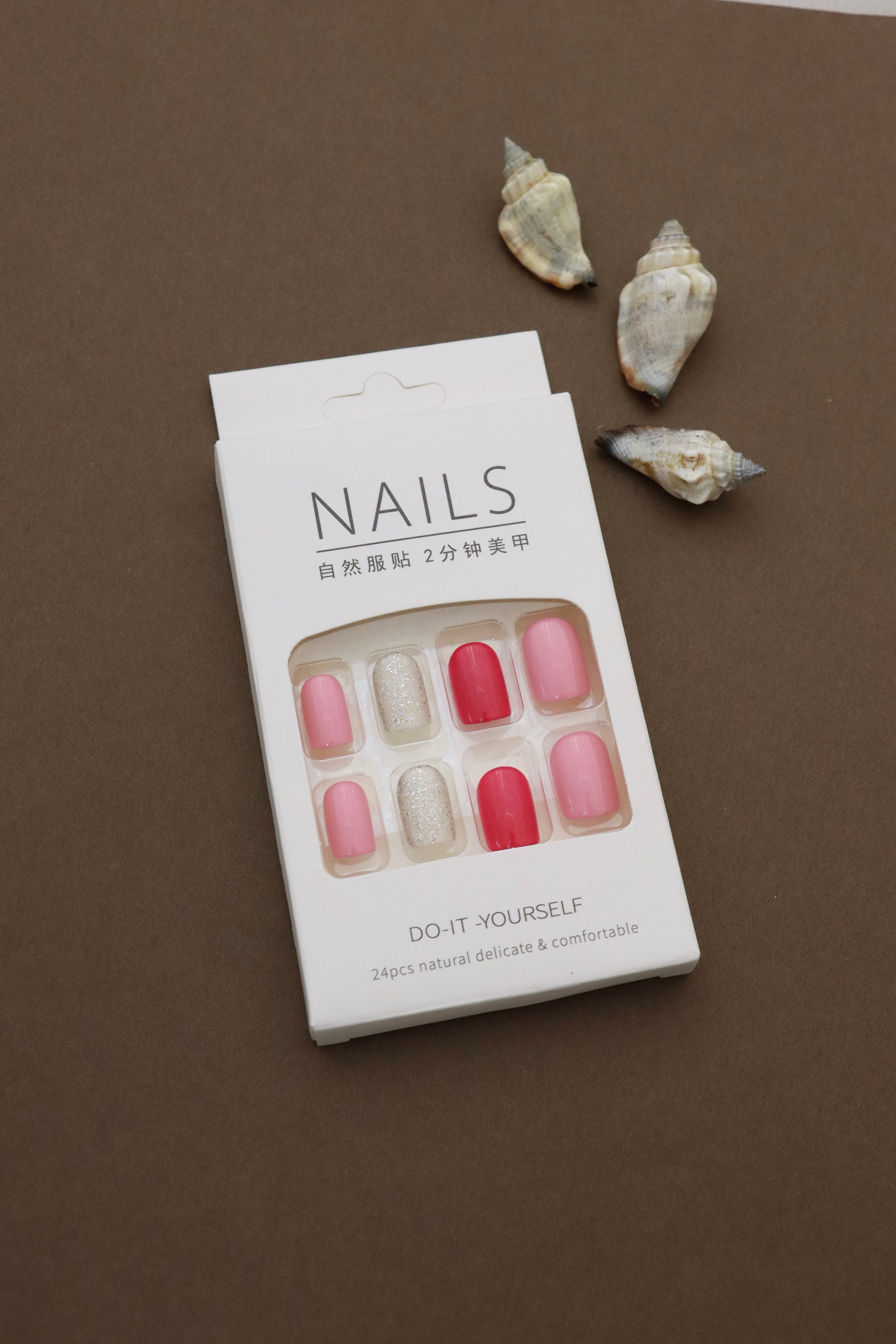 Romantic Pink and Red Press-On Nails with Glitter Accent - 24pcs Set