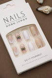 Elegant Nude and White Press-On Nails with Butterfly and Floral Patterns - 24pcs Set