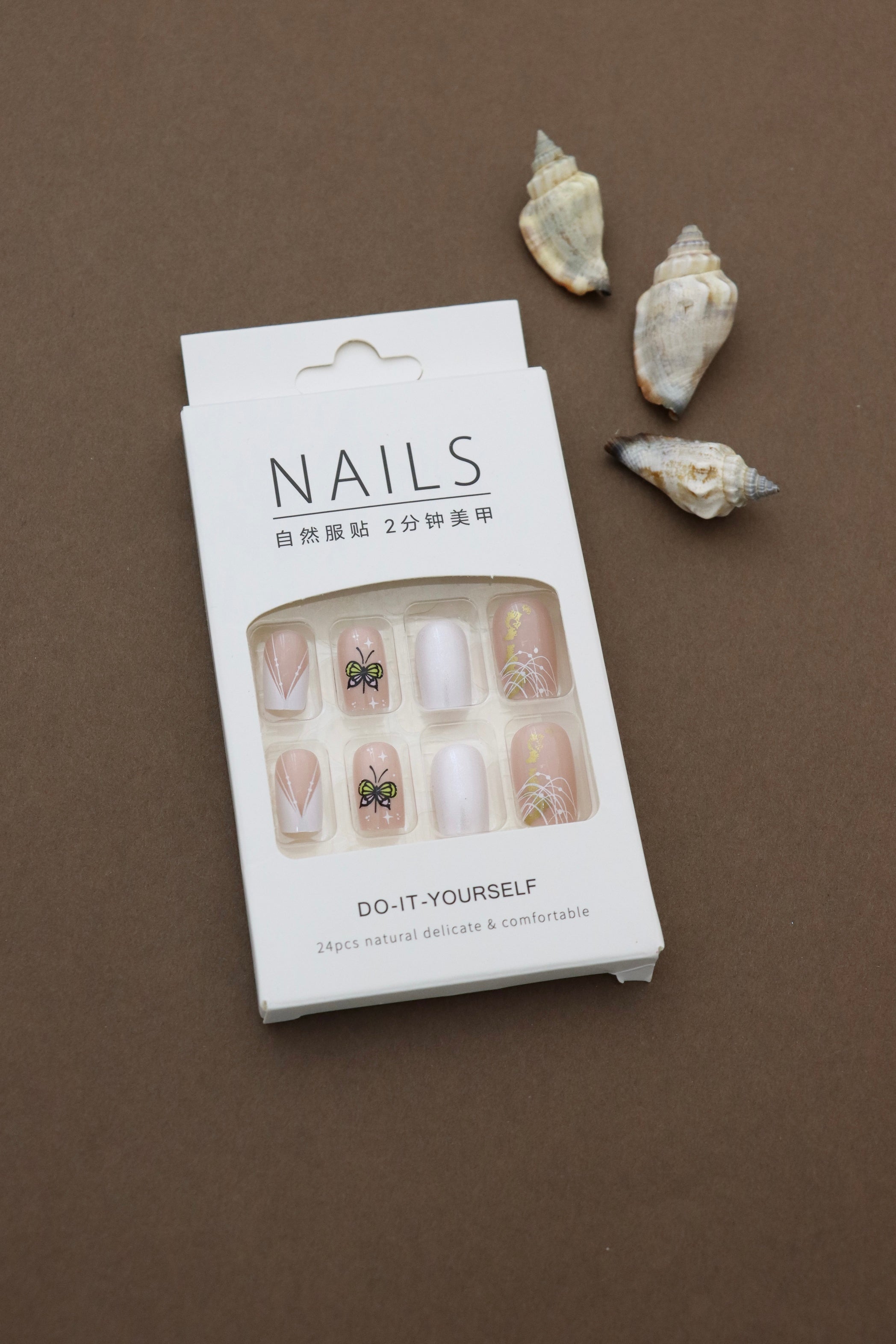 Elegant Nude and White Press-On Nails with Butterfly and Floral Patterns - 24pcs Set