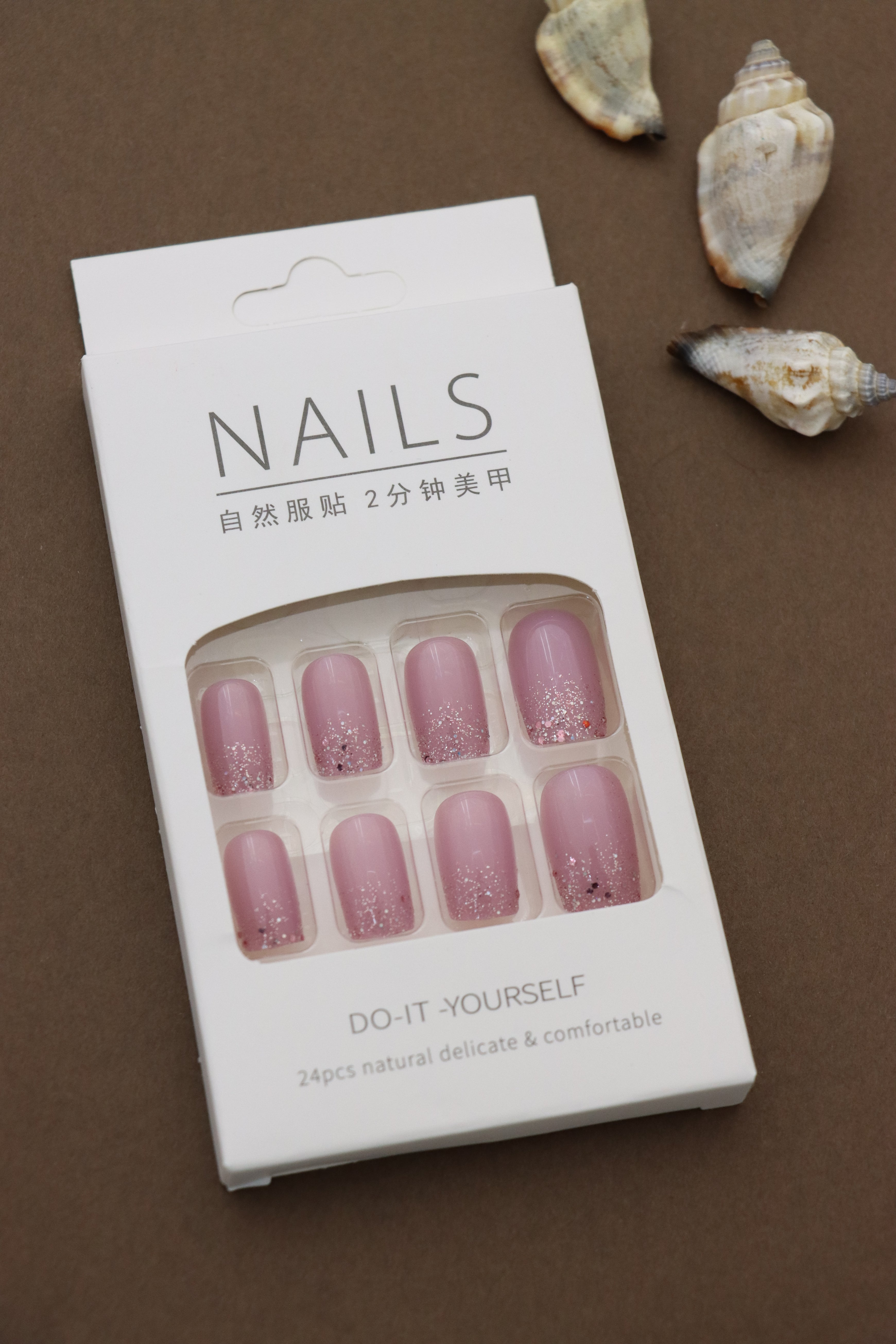 Pink Glitter Ombre Press-On Nails - 24pcs Sparkling Gradient Nail Set