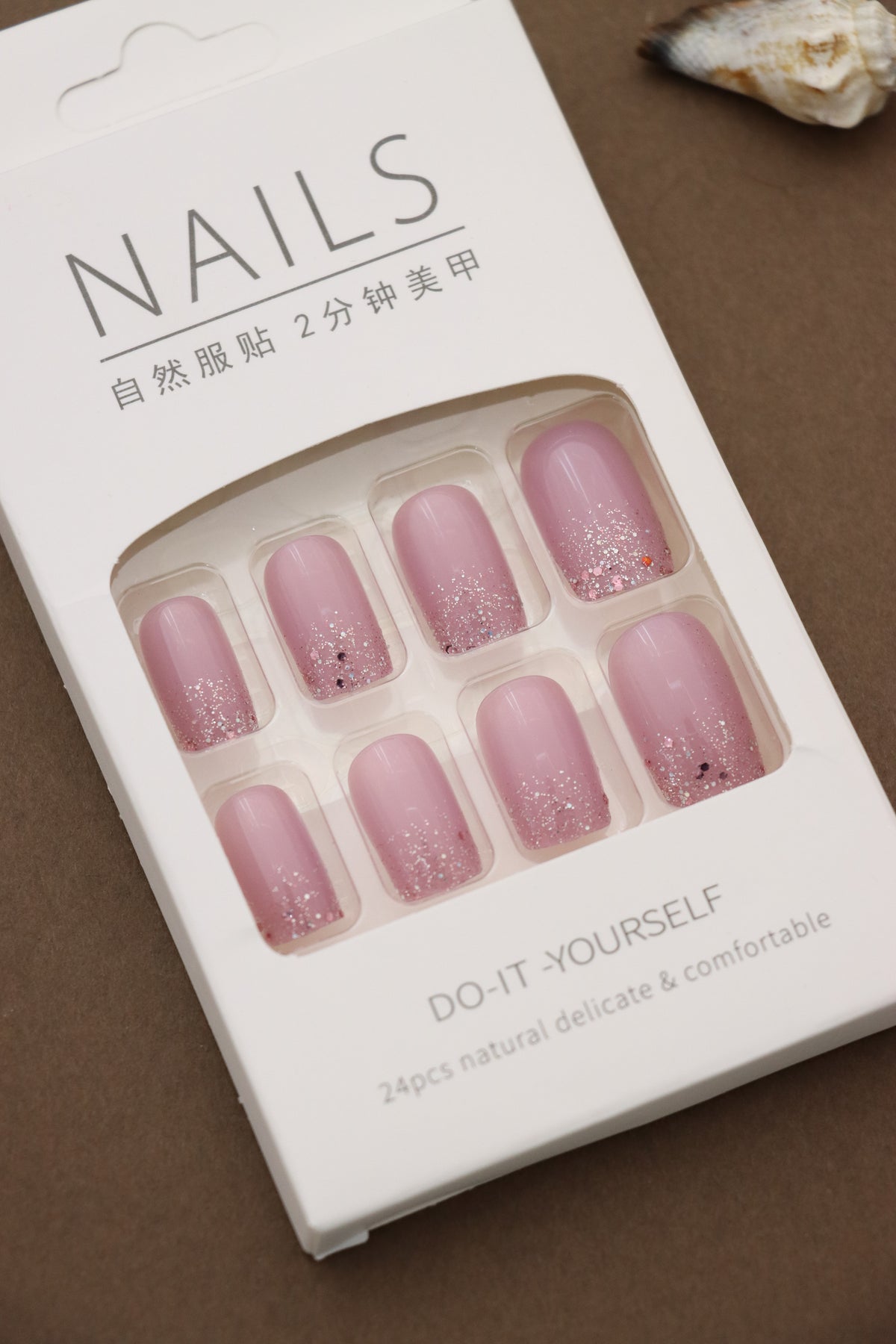 Pink Glitter Ombre Press-On Nails - 24pcs Sparkling Gradient Nail Set