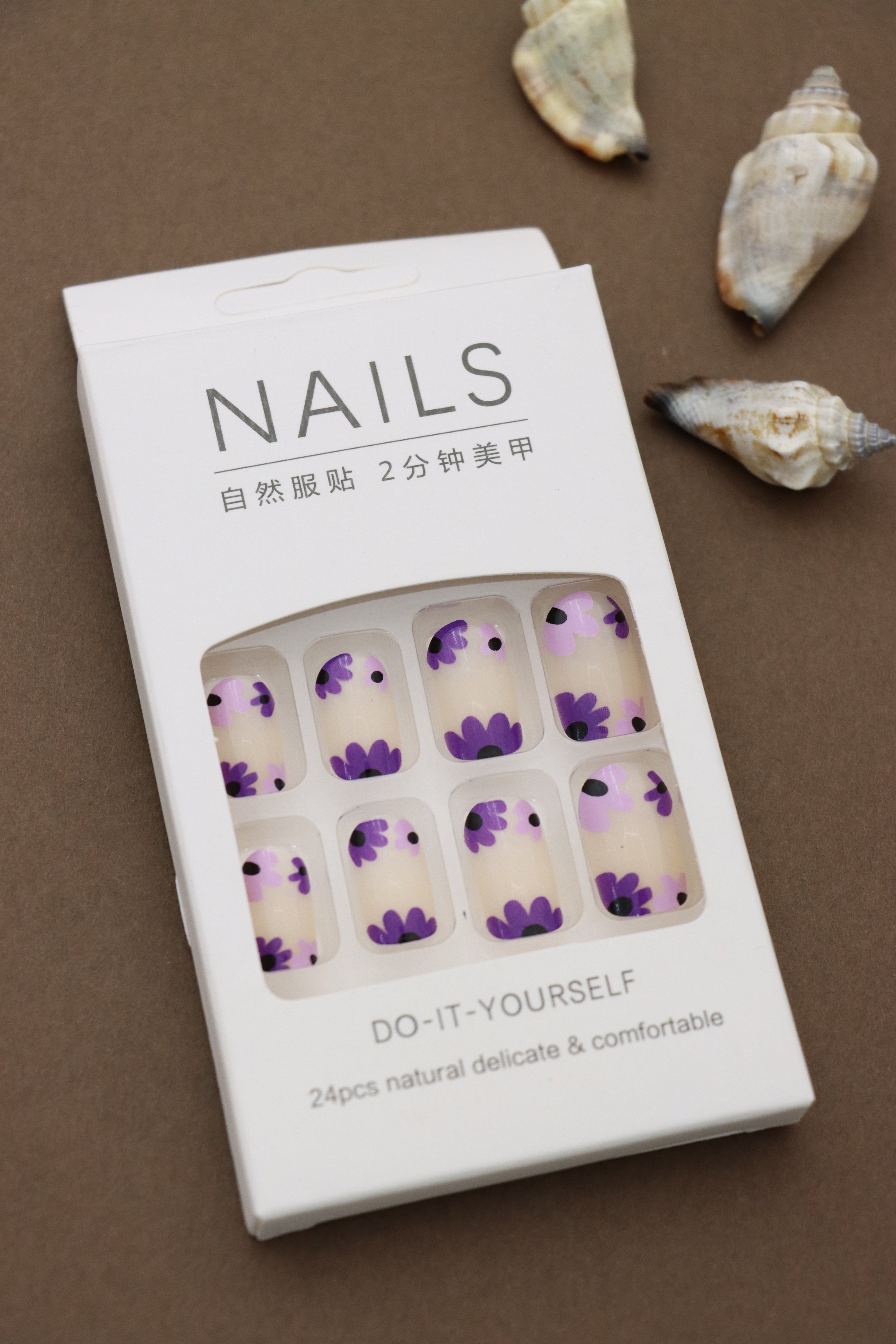 Purple Blossom Press-On Nails – Floral Design on Nude Base, 24pcs DIY Set