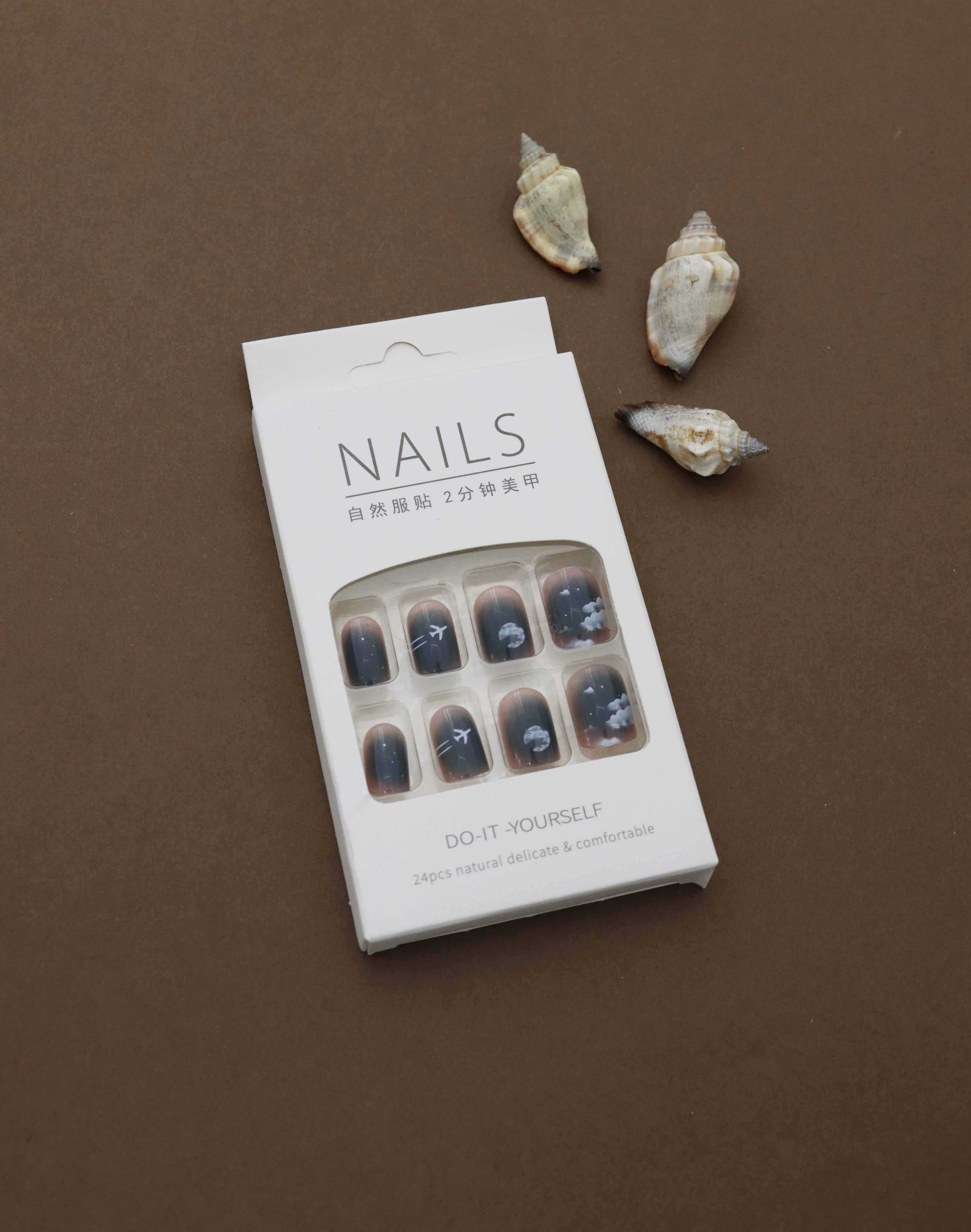 Midnight Sky Travel-Themed Press-On Nails with Cloud and Airplane Design