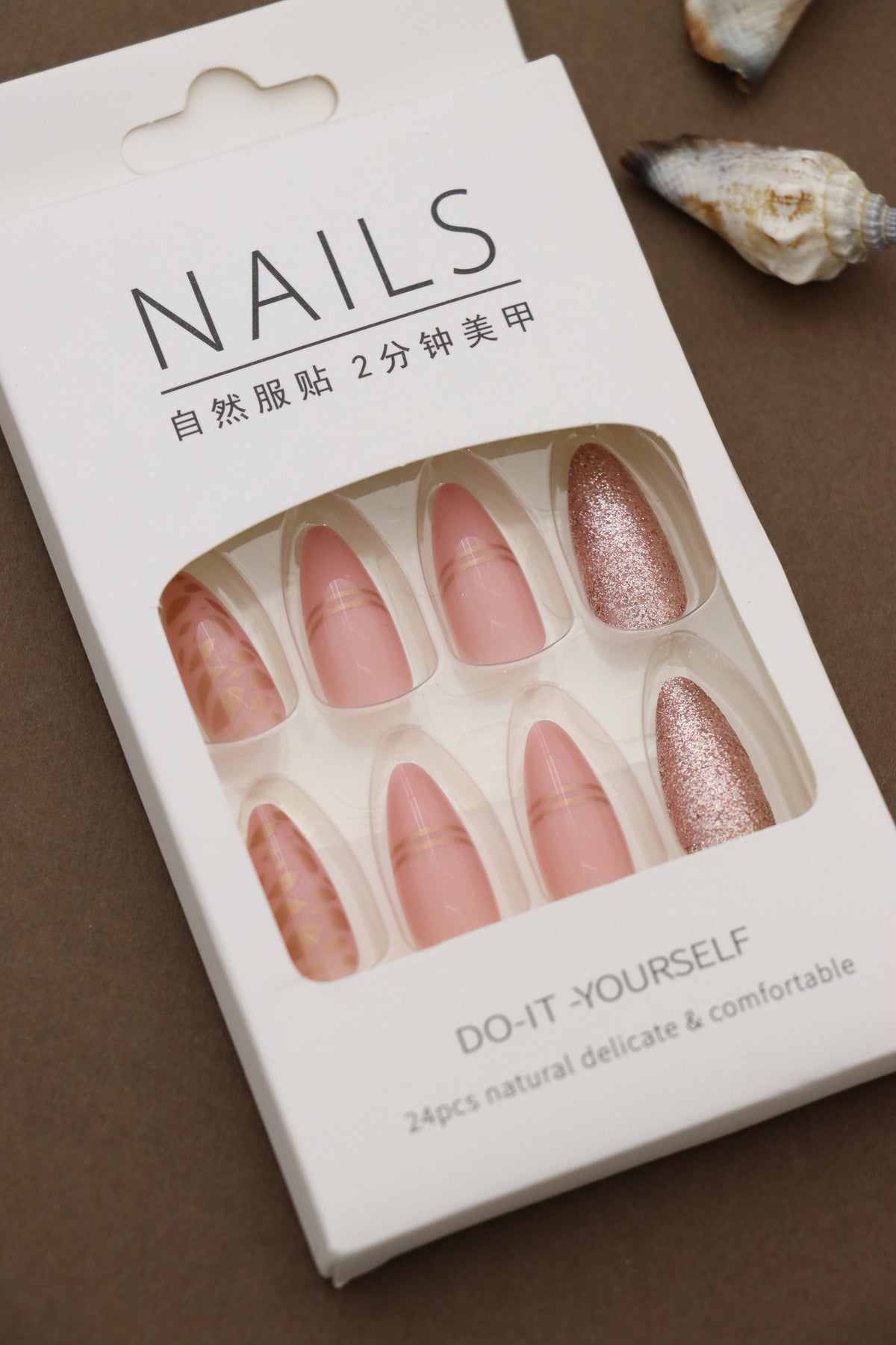 Rose Pink Glitter Press-On Nails – Gold Stripes & Patterned Accents, 24pcs DIY Set
