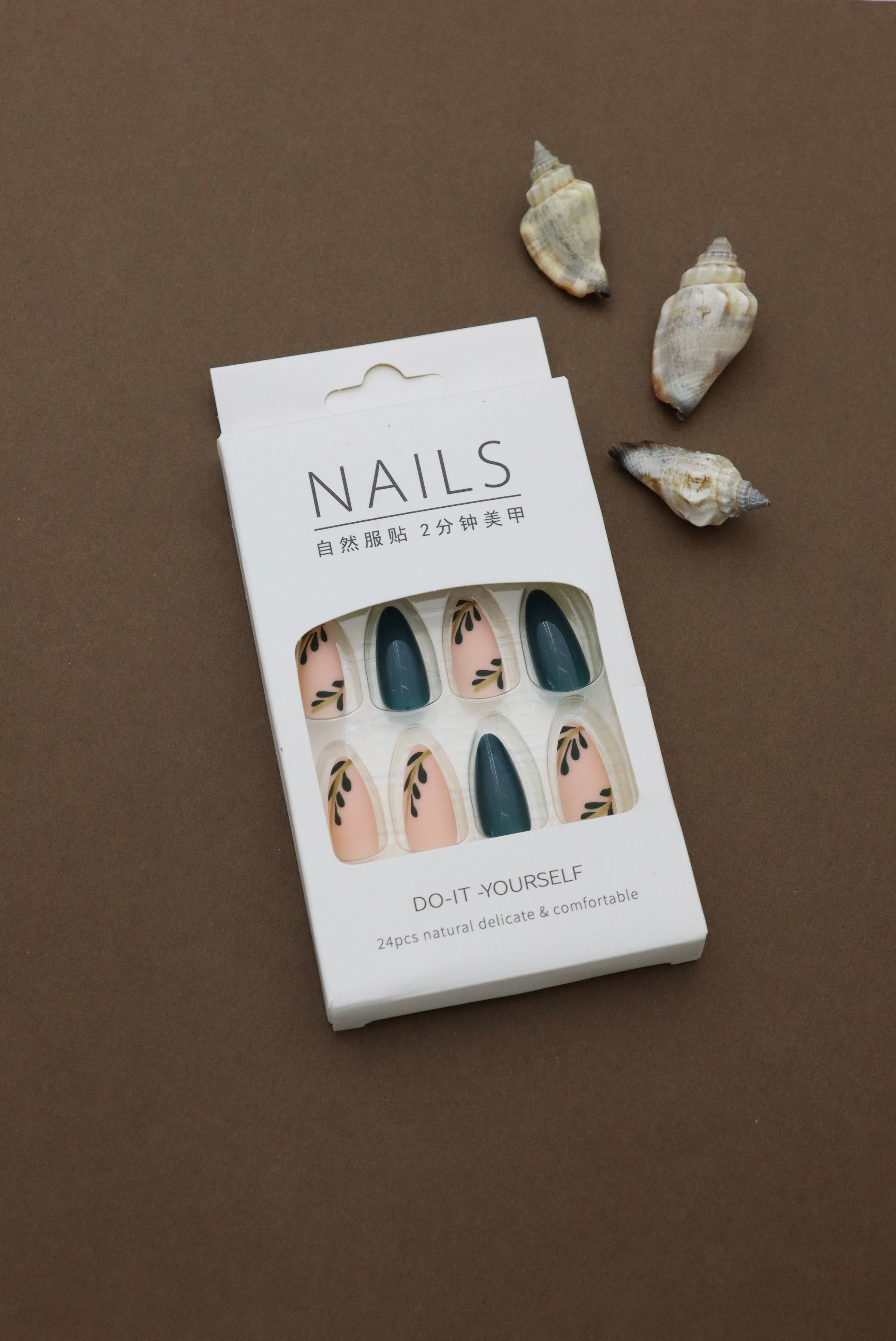 Green and Peach Leaf Pattern Press-On Nails - 24pcs Almond Shaped Design