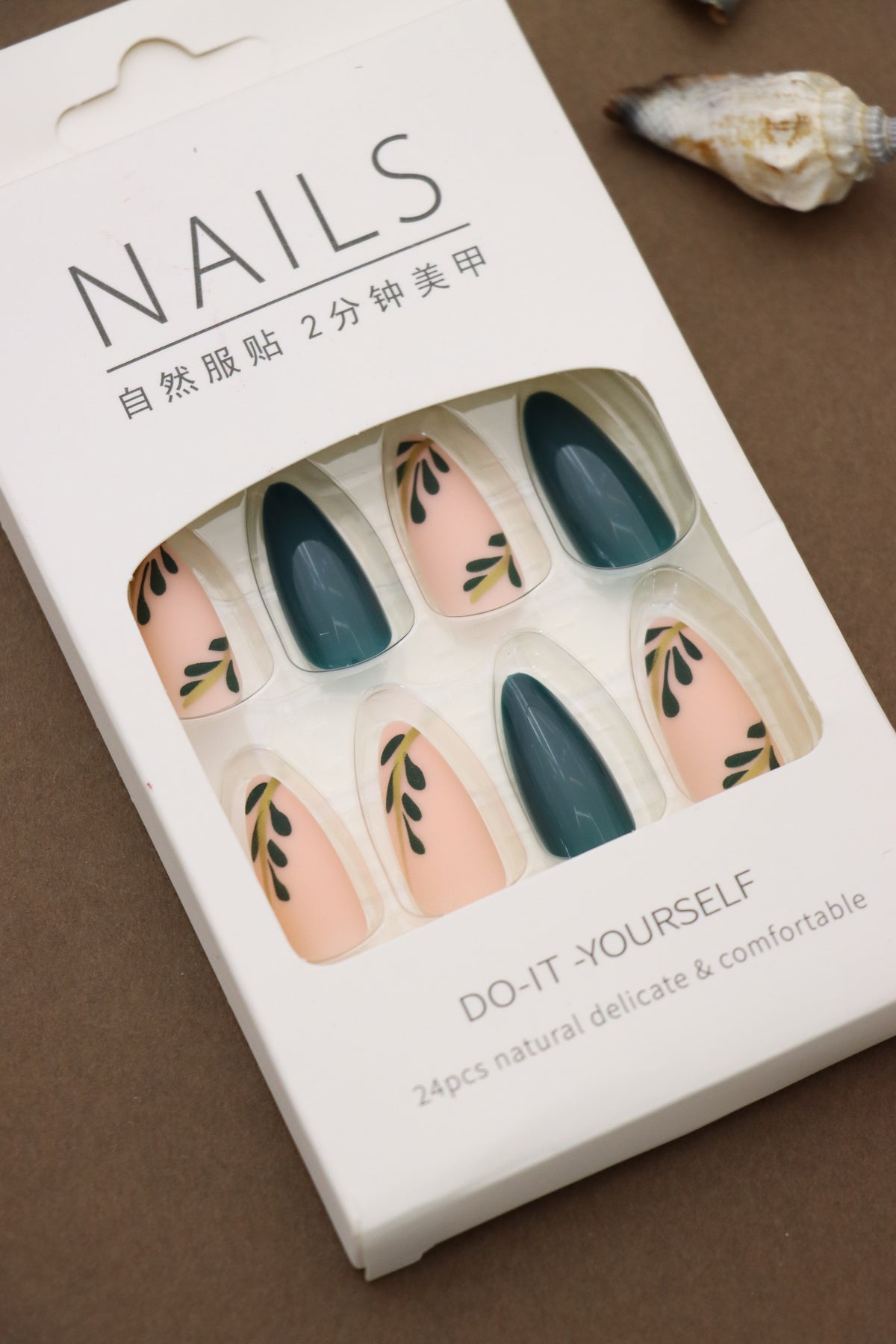 Green and Peach Leaf Pattern Press-On Nails - 24pcs Almond Shaped Design