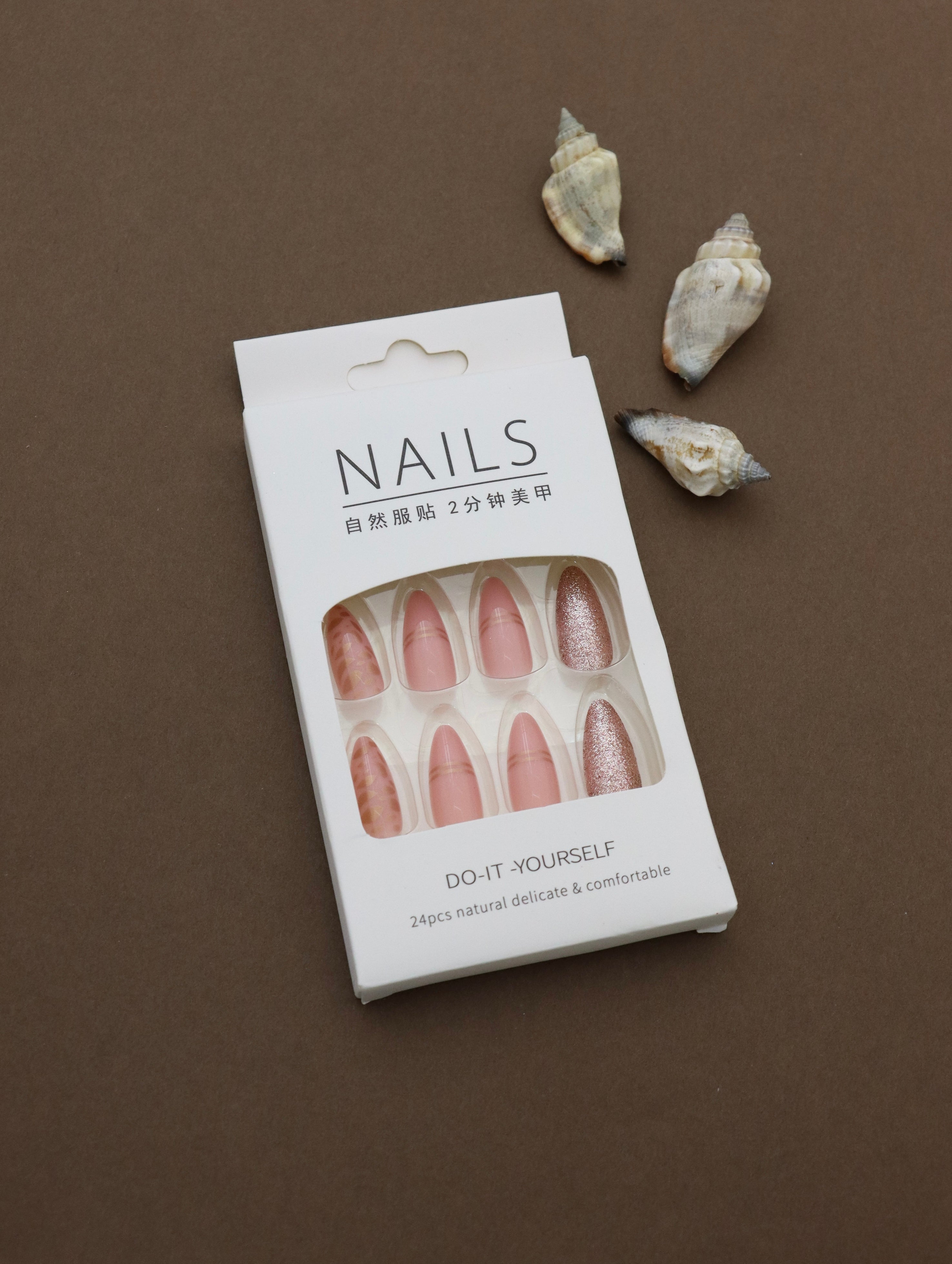 Rose Pink Glitter Press-On Nails – Gold Stripes & Patterned Accents, 24pcs DIY Set