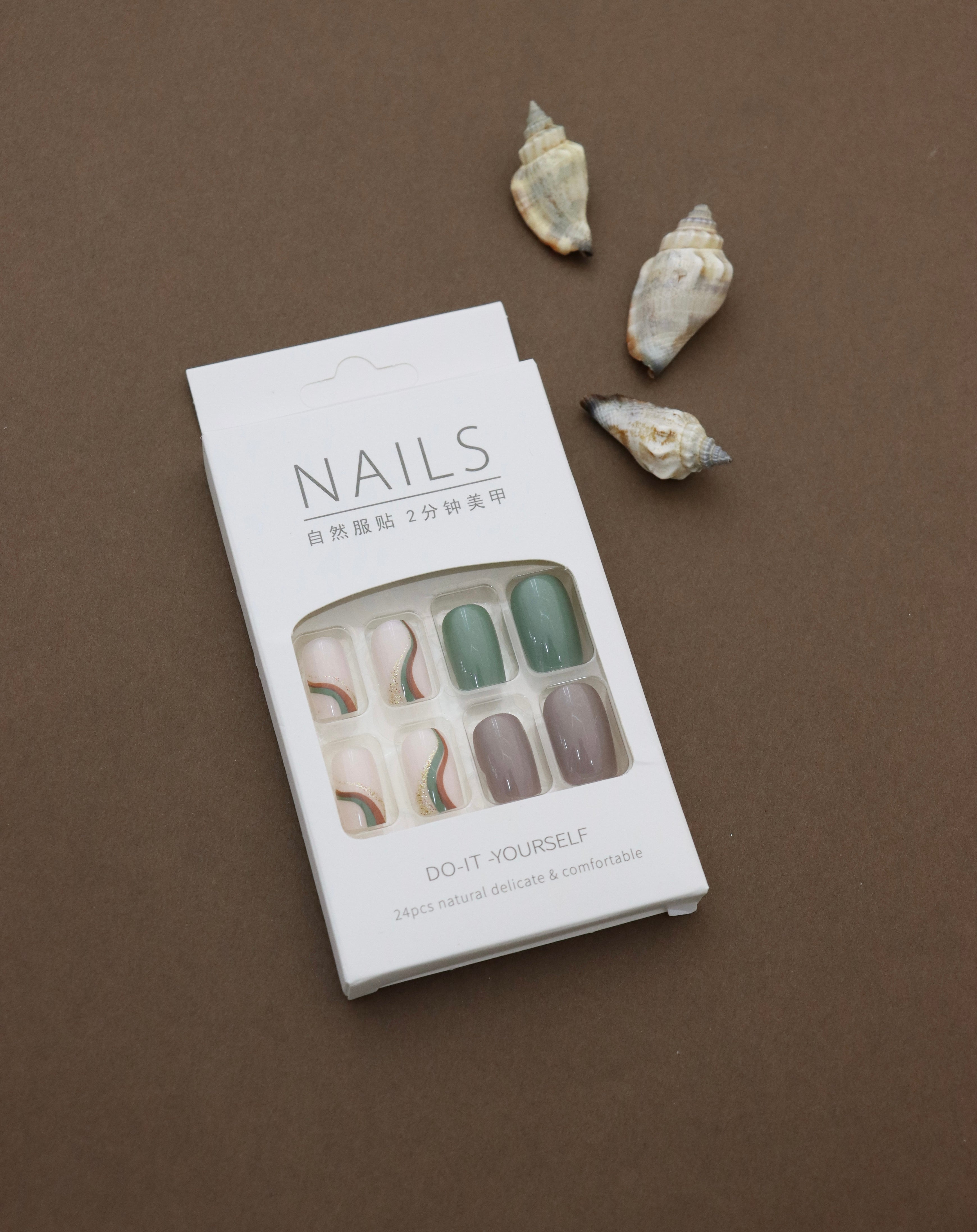 Green and Nude Swirl Design Press-On Nails - 24pcs Modern Chic DIY Nail Set
