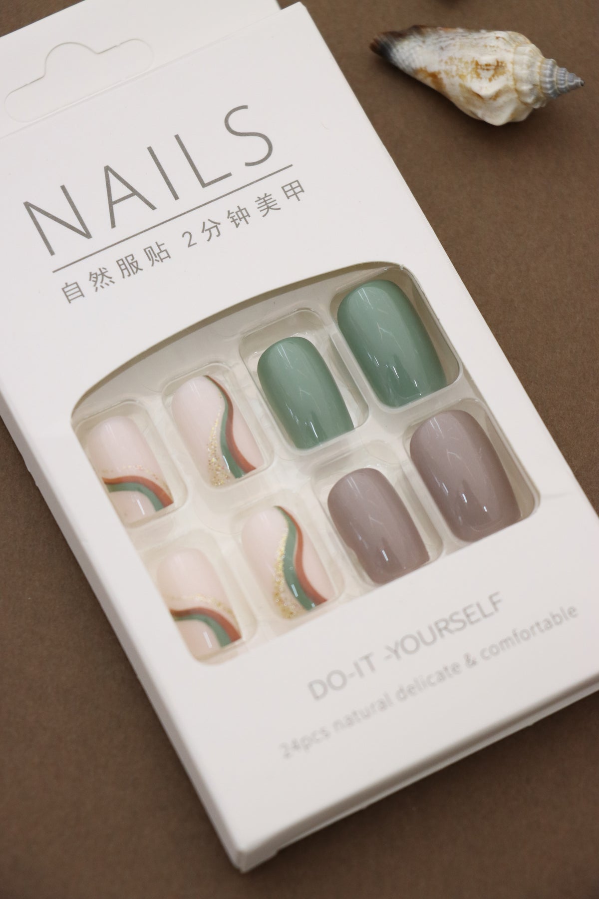 Green and Nude Swirl Design Press-On Nails - 24pcs Modern Chic DIY Nail Set