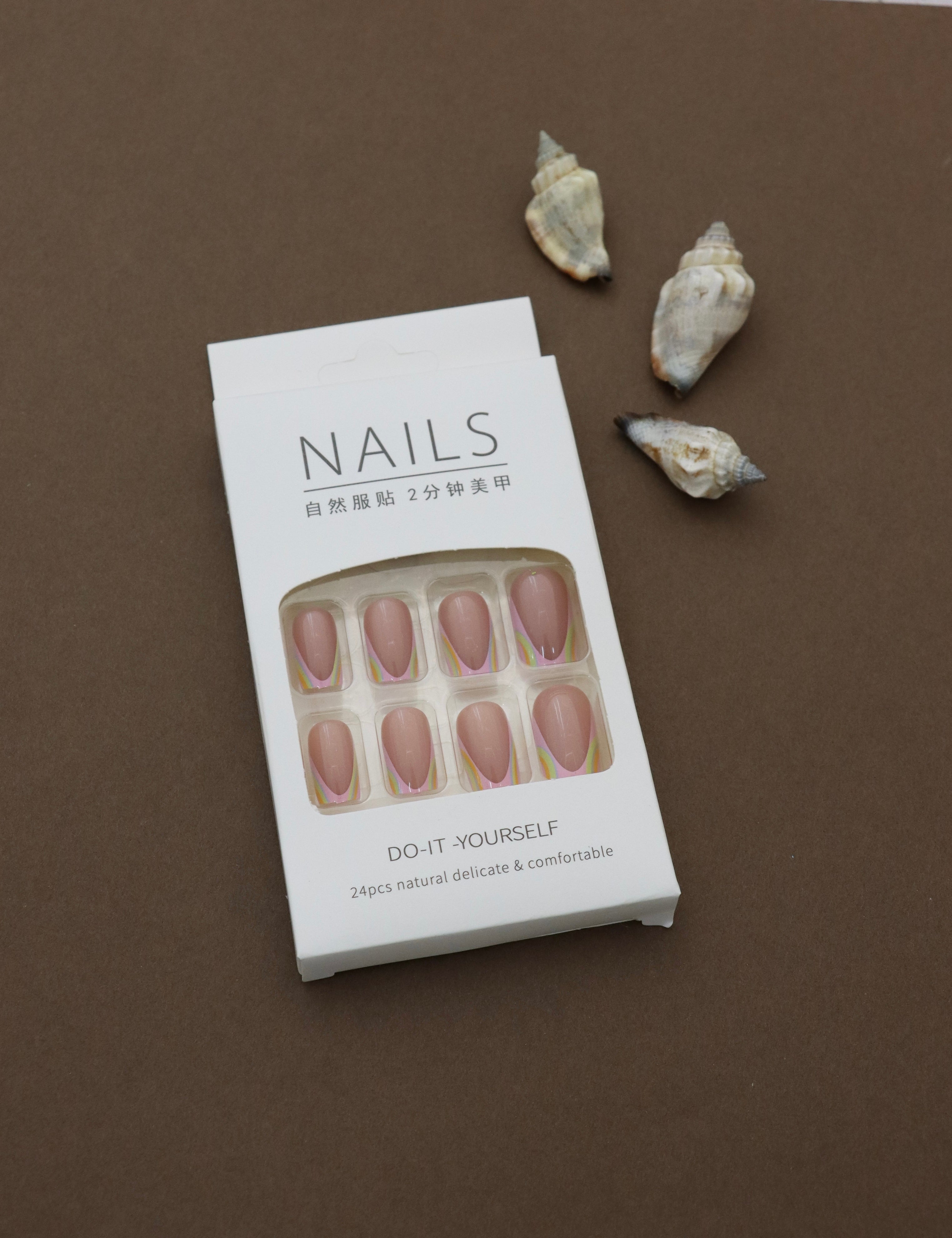 Glossy Nude Almond Press-On Nails with Vibrant Multicolor Swirl Tips - 24pcs Set