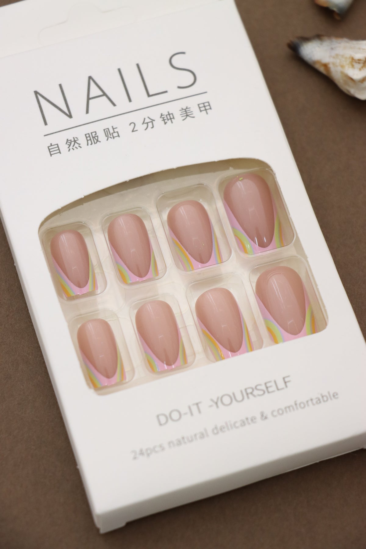 Glossy Nude Almond Press-On Nails with Vibrant Multicolor Swirl Tips - 24pcs Set