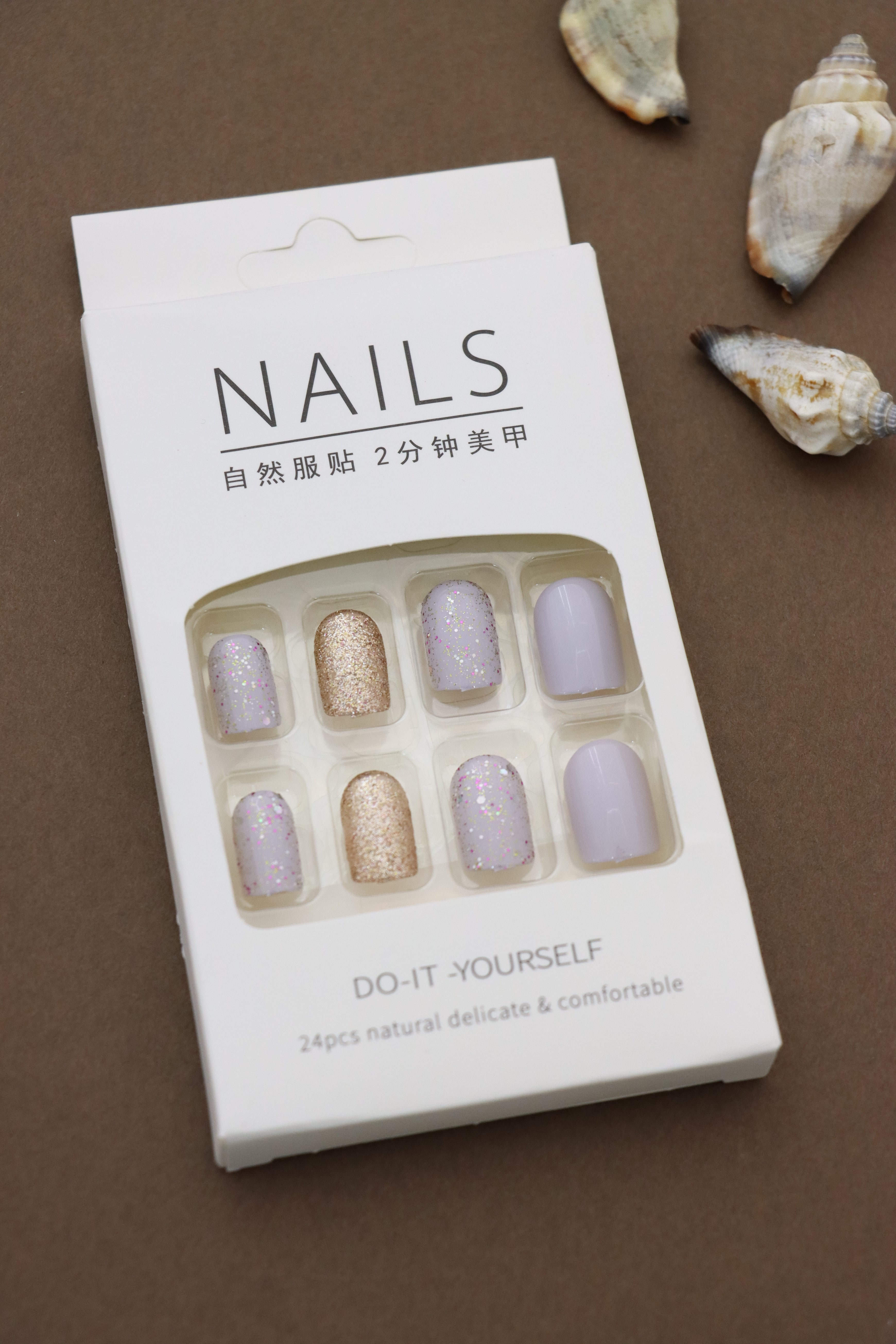 Sparkle Elegance Press-On Nails - 24pcs DIY Set with Lavender, Glitter Gold, and Shimmery Accents for a Glamorous Touch