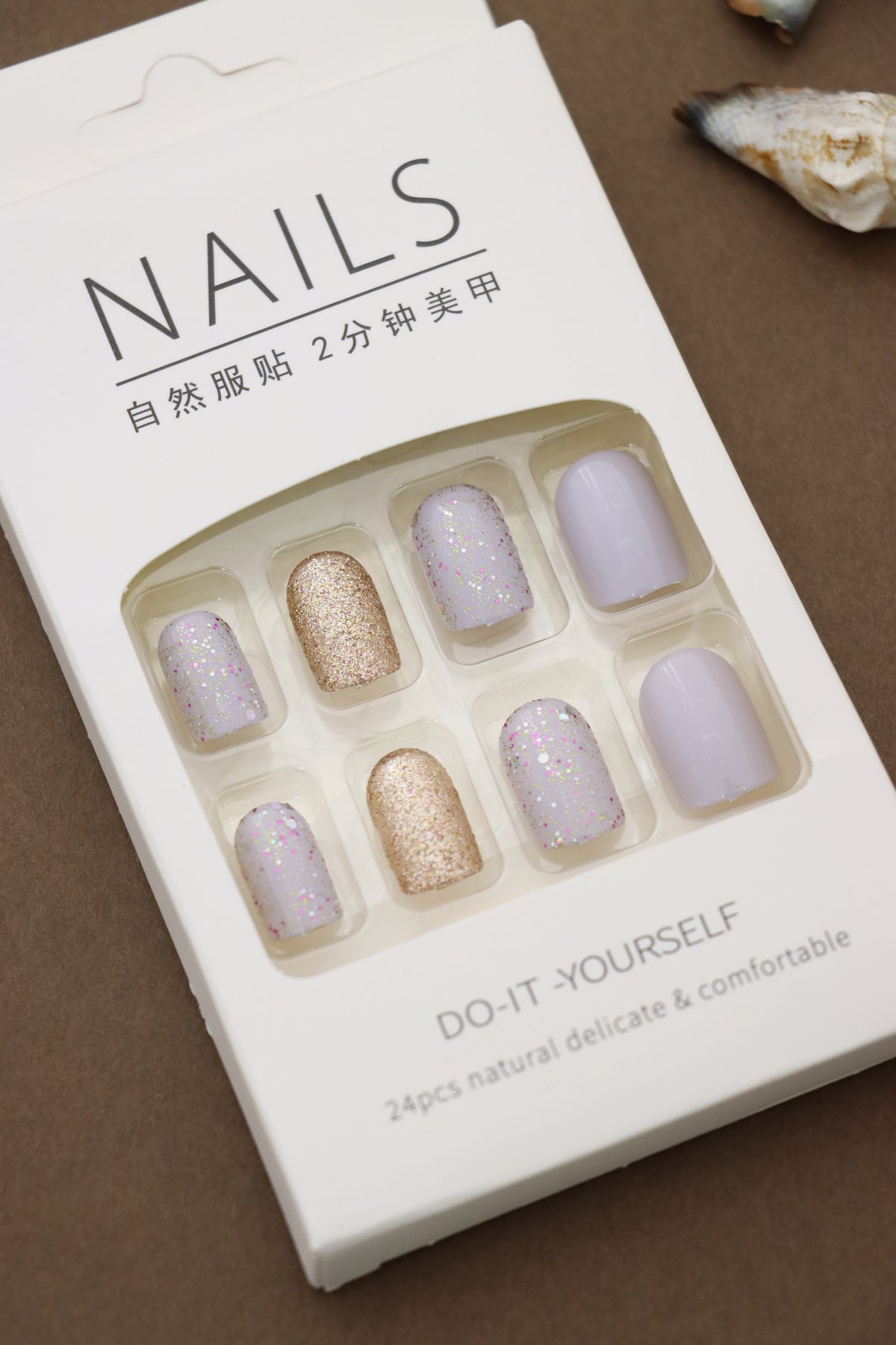 Sparkle Elegance Press-On Nails - 24pcs DIY Set with Lavender, Glitter Gold, and Shimmery Accents for a Glamorous Touch