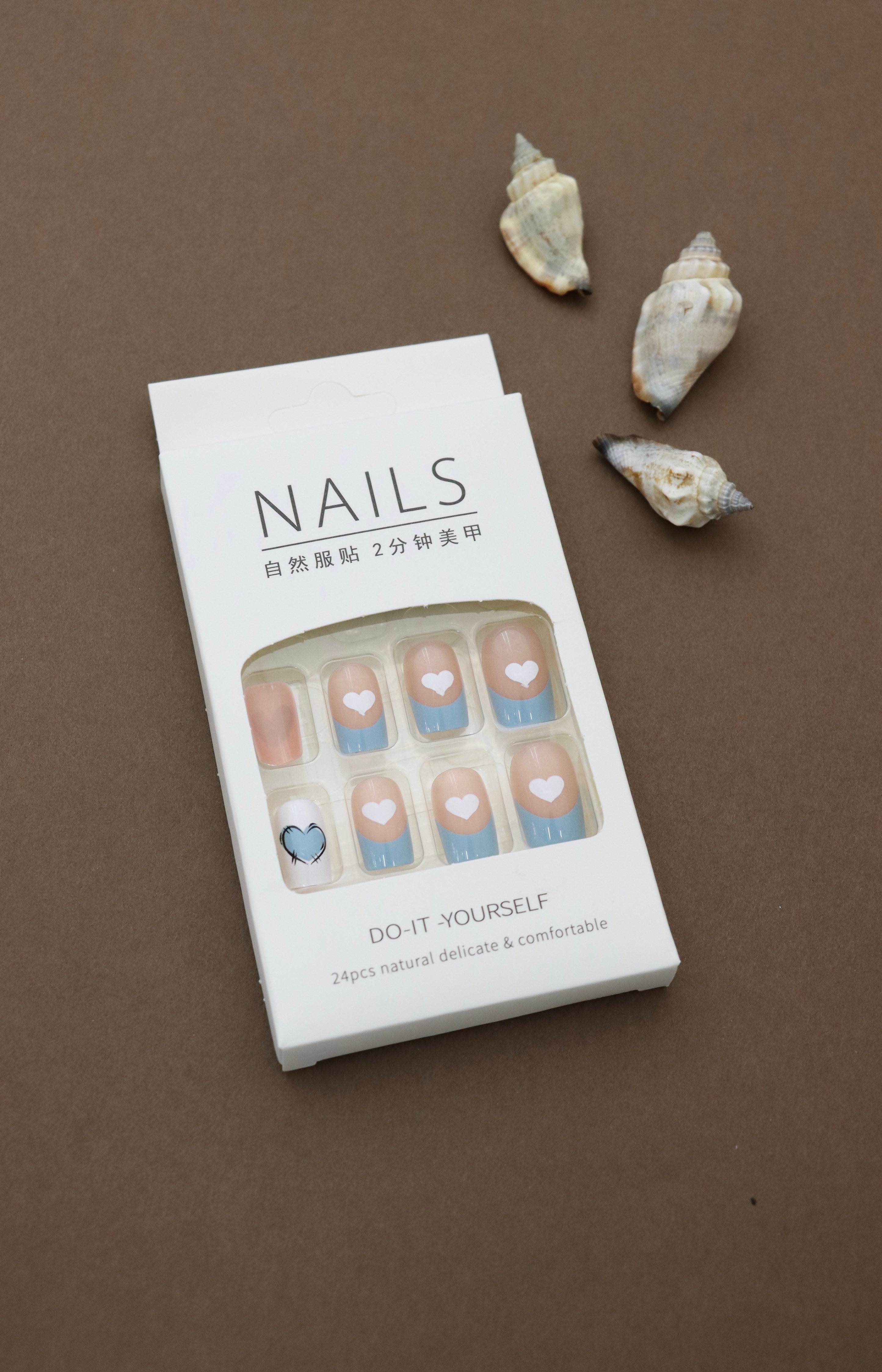 Blue and Nude Press-On Nails with White Heart Design - 24pcs Cute and Comfortable Nail Set