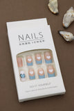 Blue and Nude Press-On Nails with White Heart Design - 24pcs Cute and Comfortable Nail Set