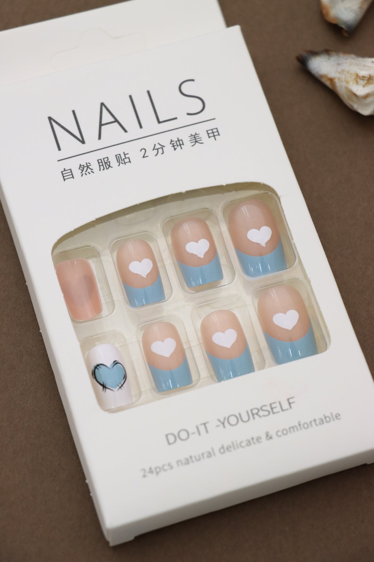 Blue and Nude Press-On Nails with White Heart Design - 24pcs Cute and Comfortable Nail Set