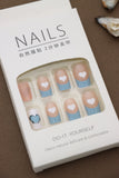 Blue and Nude Press-On Nails with White Heart Design - 24pcs Cute and Comfortable Nail Set