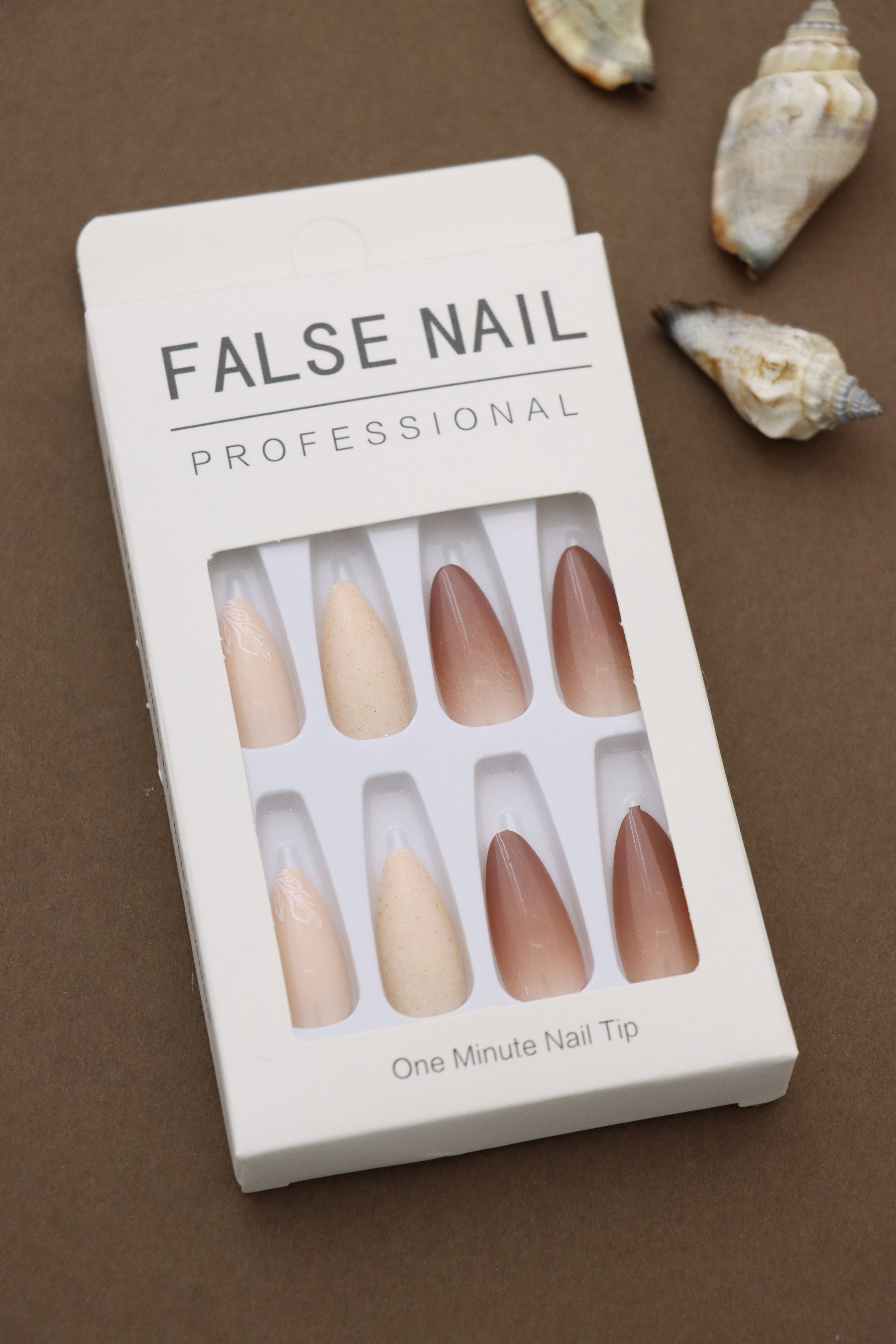 Chic Nude and Brown Ombre Press-On Nails with Glitter and Floral Accent