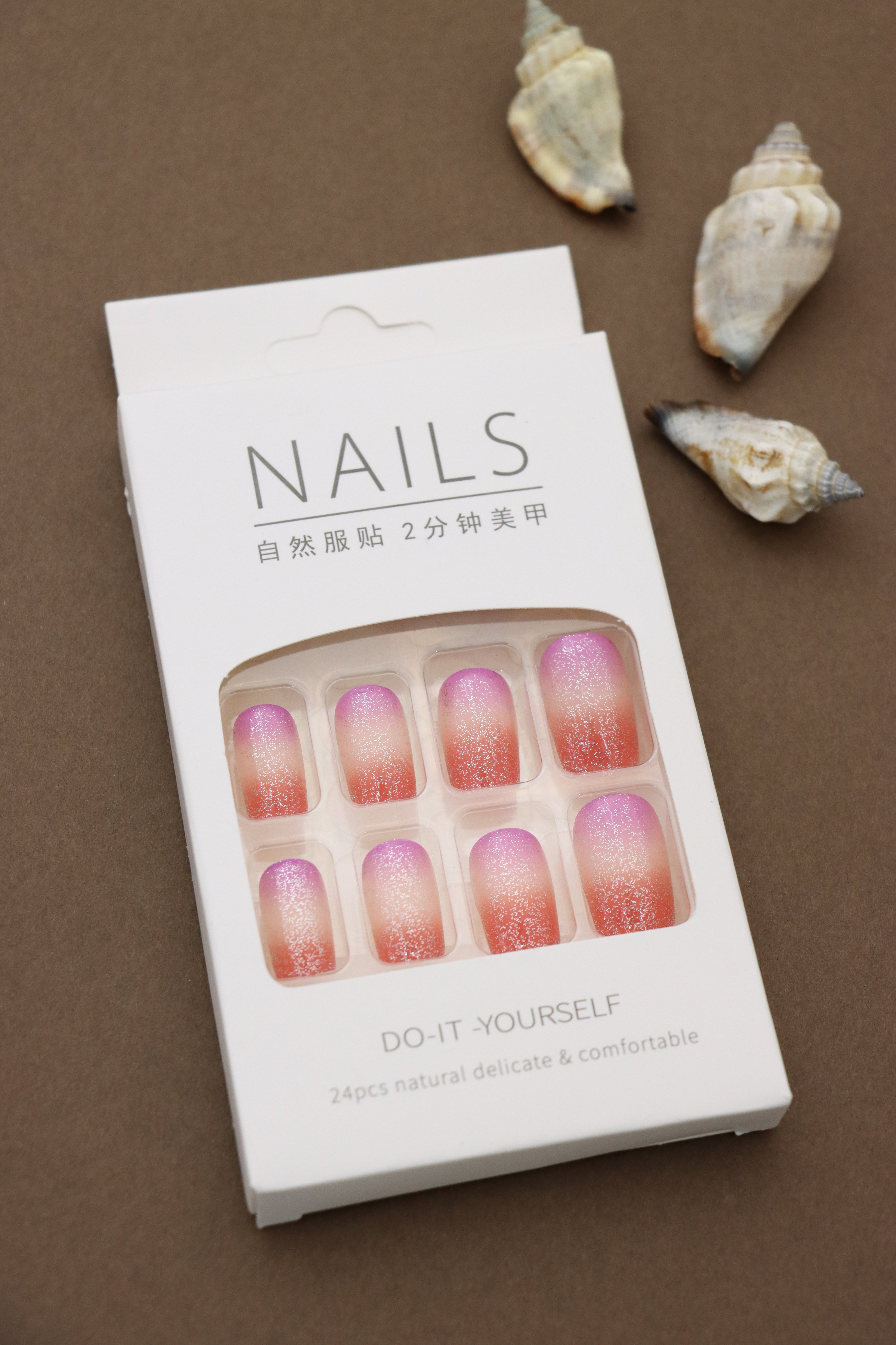 Gradient Orange and Pink Press-On Nails with Glitter Ombre Effect - 24pcs Set